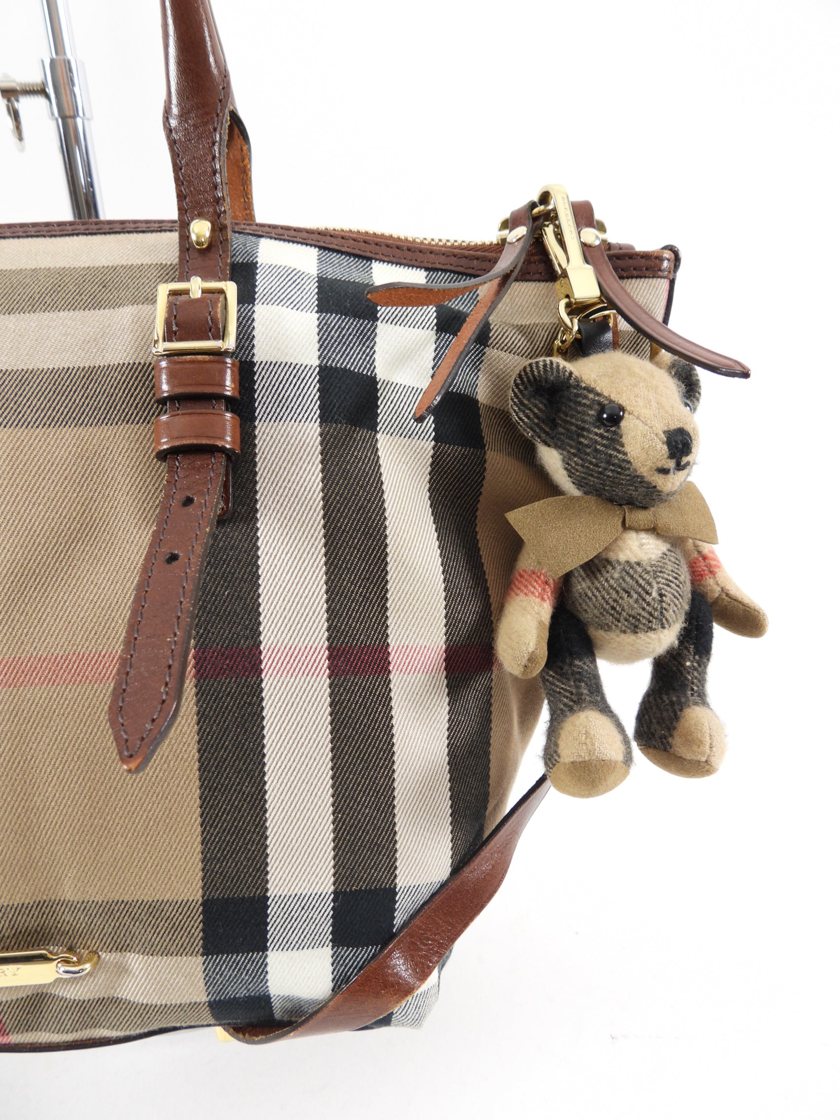 Burberry Check Fabric Tote Bag with Teddy Bear Charm - Stylish Designer Handbag for Women, Perfect for Work, Travel & Everyday Use