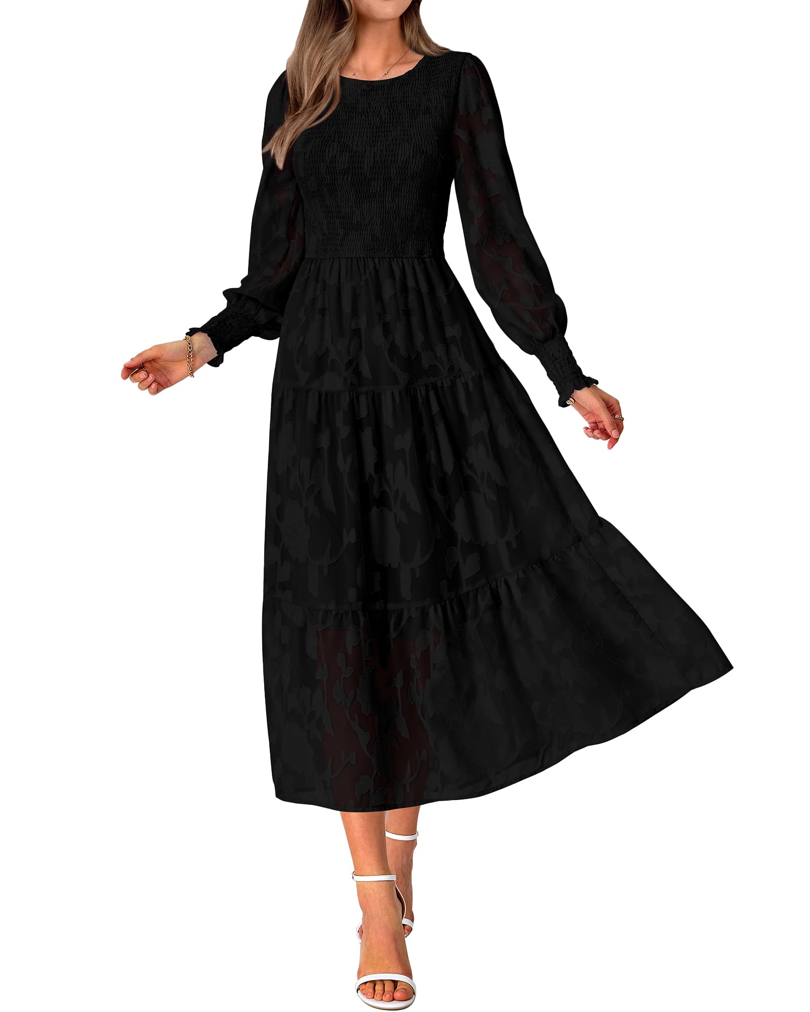 BTFBM Women's Elegant Floral Midi Dress - Long Sleeve Bohemian Wedding Guest Dress for Spring 2025 | Perfect for Garden Parties, Bridal Showers & Formal Events