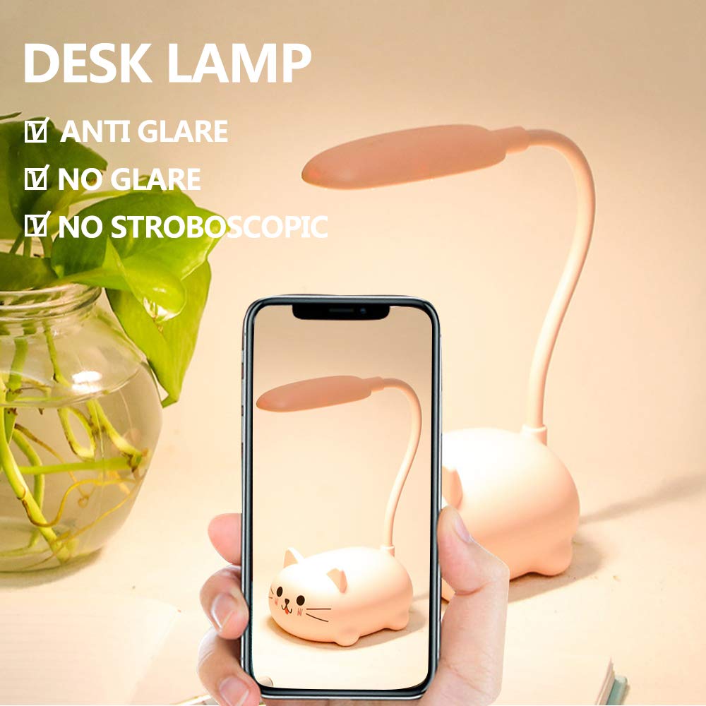 Kids LED Desk Lamp - Cute Cat Night Light with Flexible Gooseneck, Eye-Care Cartoon Study Lamp for Girls (Pink) | Perfect for Bedroom, Study Room & Gift for Children