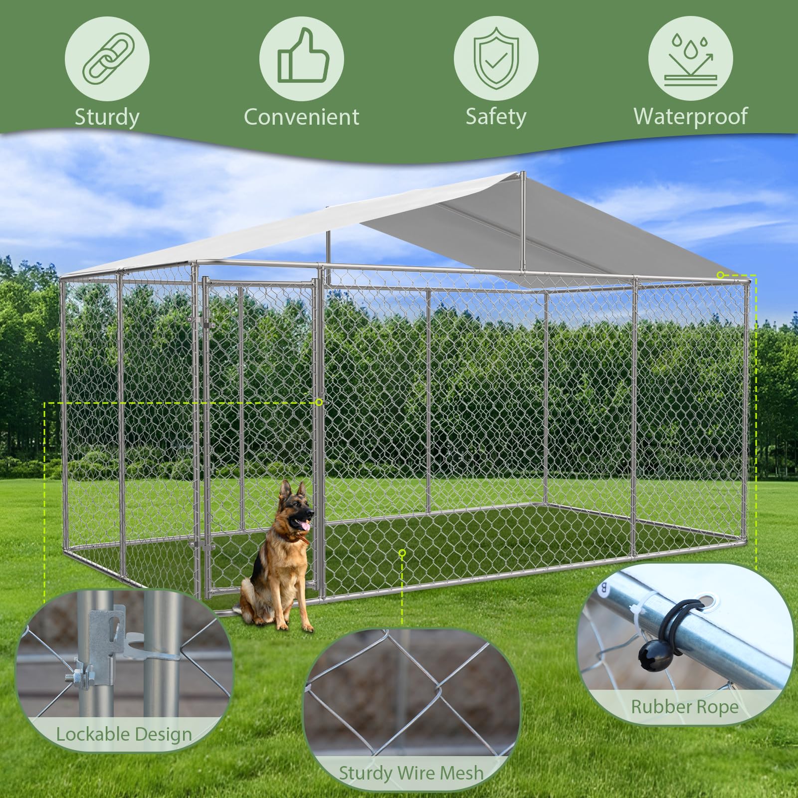 13.1×7.5×7.6FT Heavy Duty Outdoor Dog Kennel with Roof Cover - Large Chain Link Dog Cage Playpen with Lockable Door for Backyard, Garden & Patio (Ideal for Large Breed Dogs Protection & Outdoor Play)