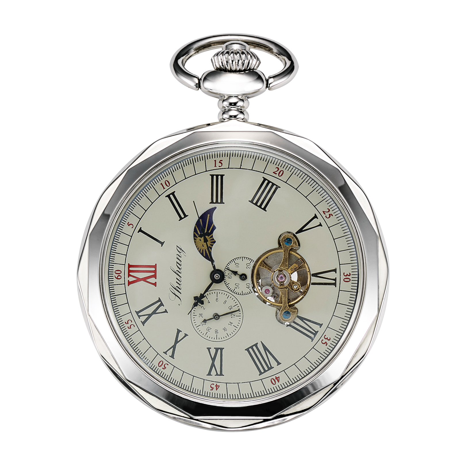 Vintage Mechanical Pocket Watch with Roman Numerals - Open Face Design, 24-Hour Moon & Sun Dial, Chain Included - Perfect for Men's Formal Wear, Steampunk Fashion & Collector's Display (Gift Box Included)
