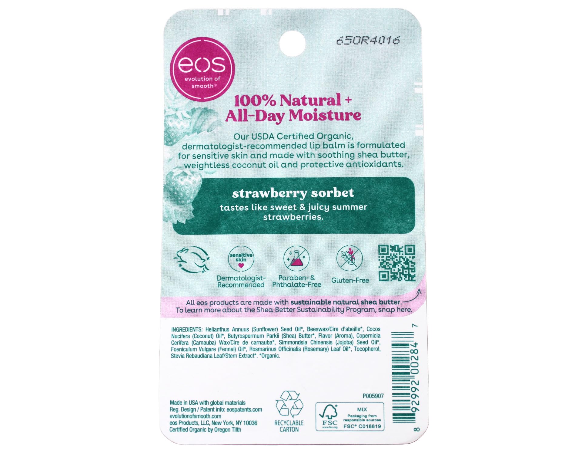 EOS 100% Natural Organic Lip Balm for Sensitive Skin - Strawberry Sorbet Flavor with Shea Butter, 0.25 oz (2-Pack) - Moisturizing & Healing Dry Lips for Daily Use, Outdoor Activities & Winter Care