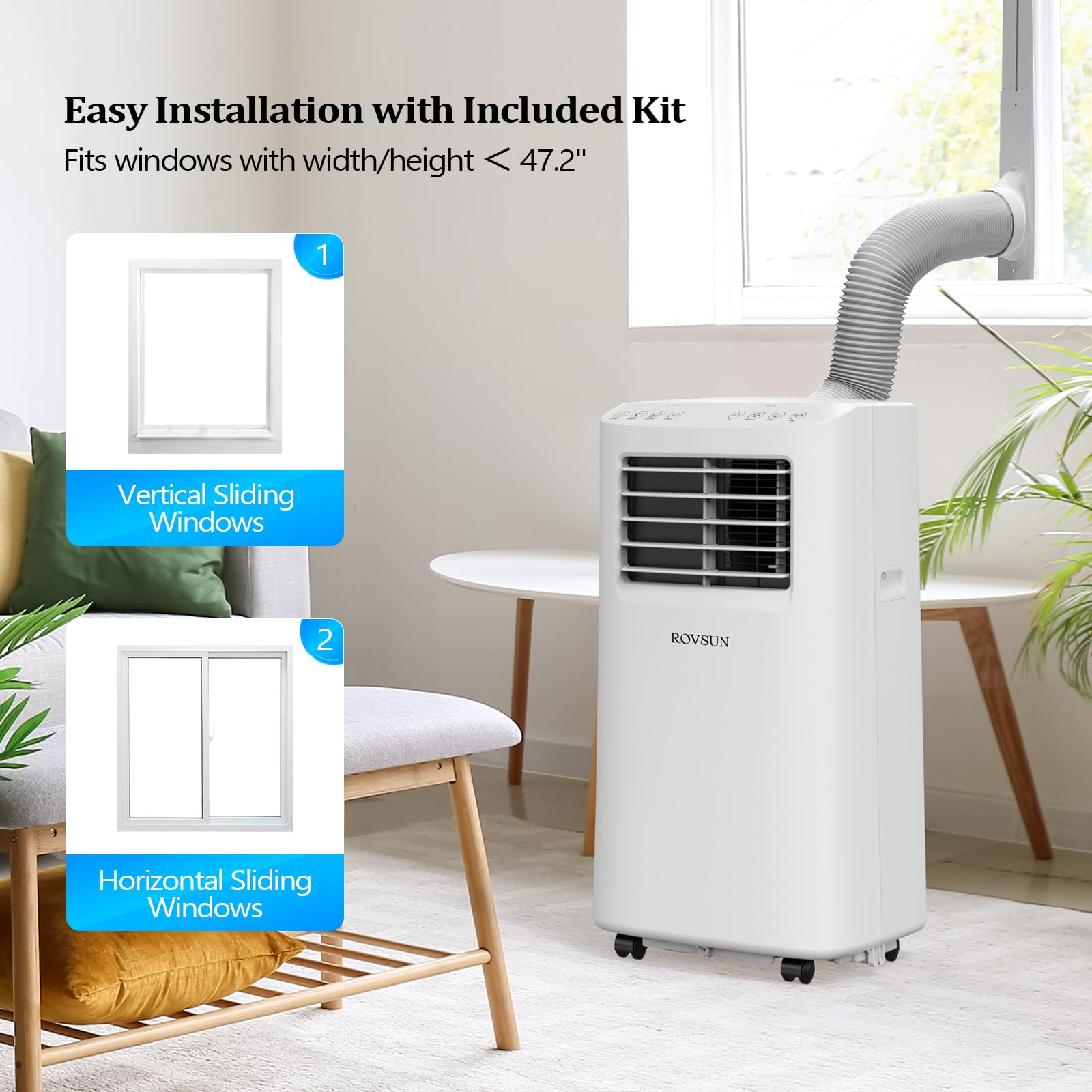 ROVSUN 8000 BTU Portable Air Conditioner with Remote Control - 3-in-1 Cooling, Fan & Dehumidifier for Home, Office, Dorm - Digital Display, 24H Timer & Easy Installation Kit - Perfect for Small Rooms, Bedrooms & Hot Summer Days