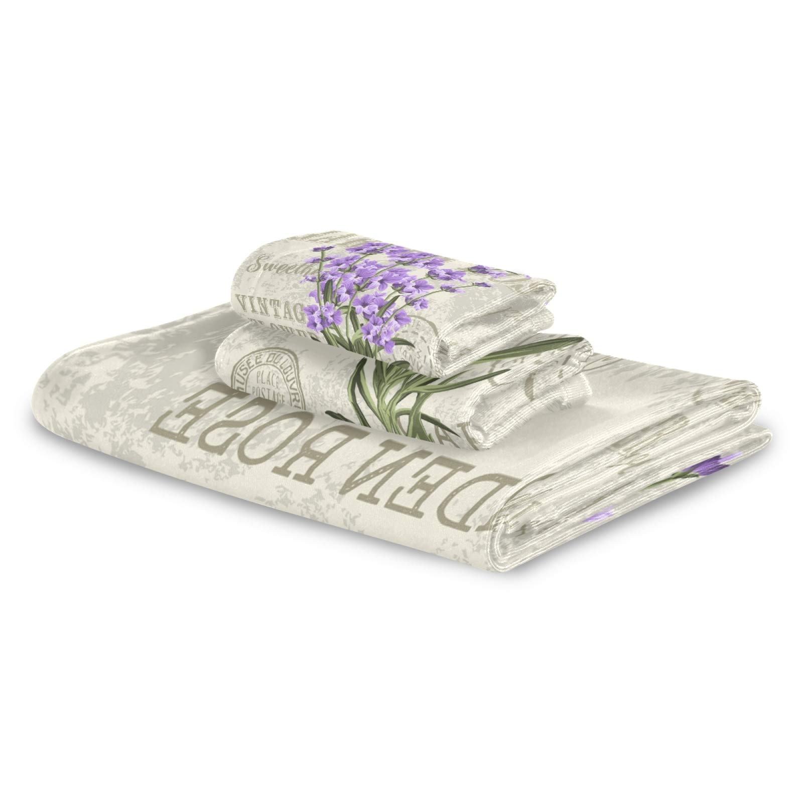 Retro Lavender Flower Bath Towel Set - 3 Piece Soft Highly Absorbent Towels for Bathroom, Gym, Hotel & Spa | Includes Hand Towel, Bath Towel & Washcloth | Perfect for Home, Travel & Luxury Self-Care