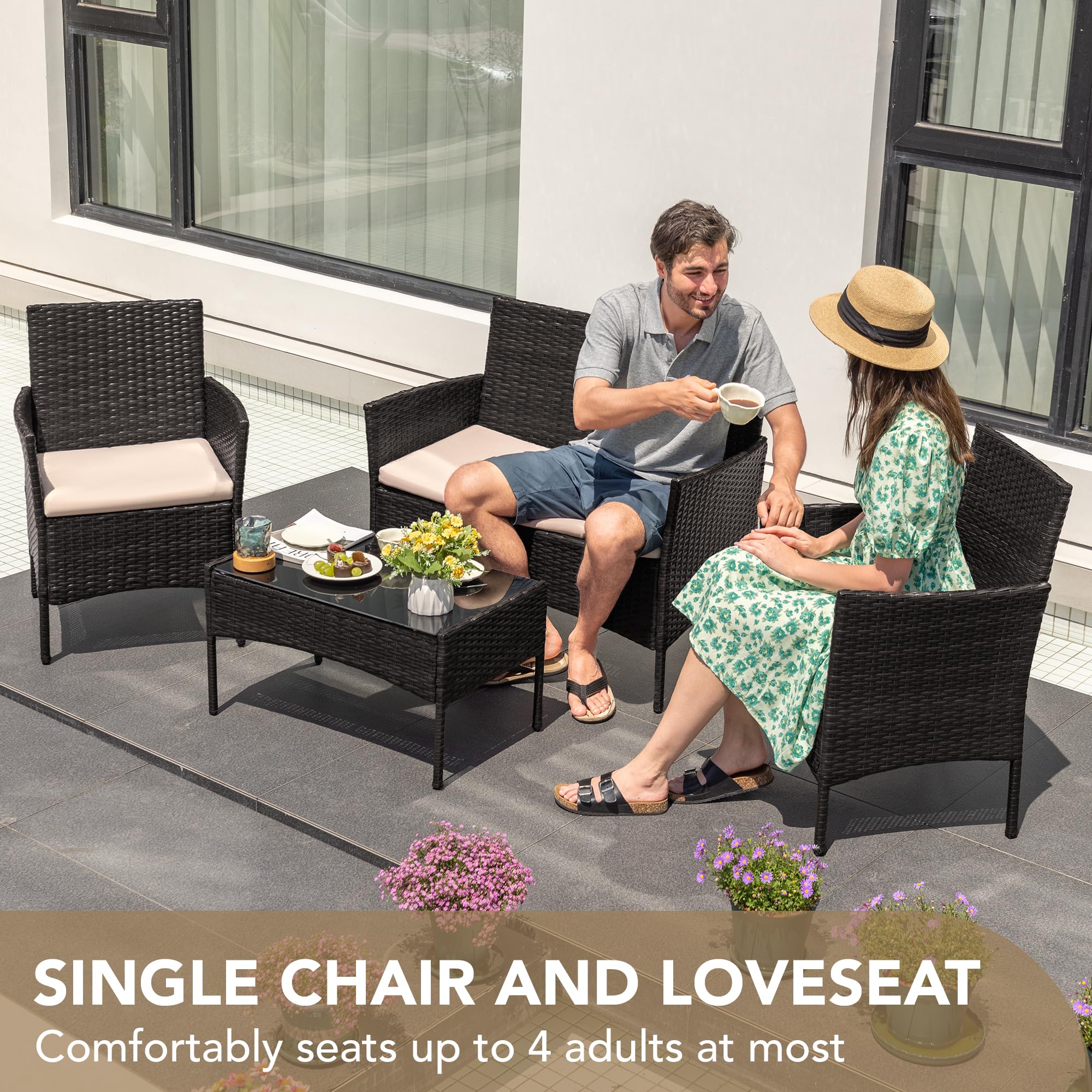 Devoko 4-Piece PE Rattan Wicker Patio Furniture Set with Beige Cushions & Coffee Table - Outdoor Garden, Porch, Backyard Seating Set (Black) - Perfect for Relaxing, Entertaining & Enjoying Sunny Days