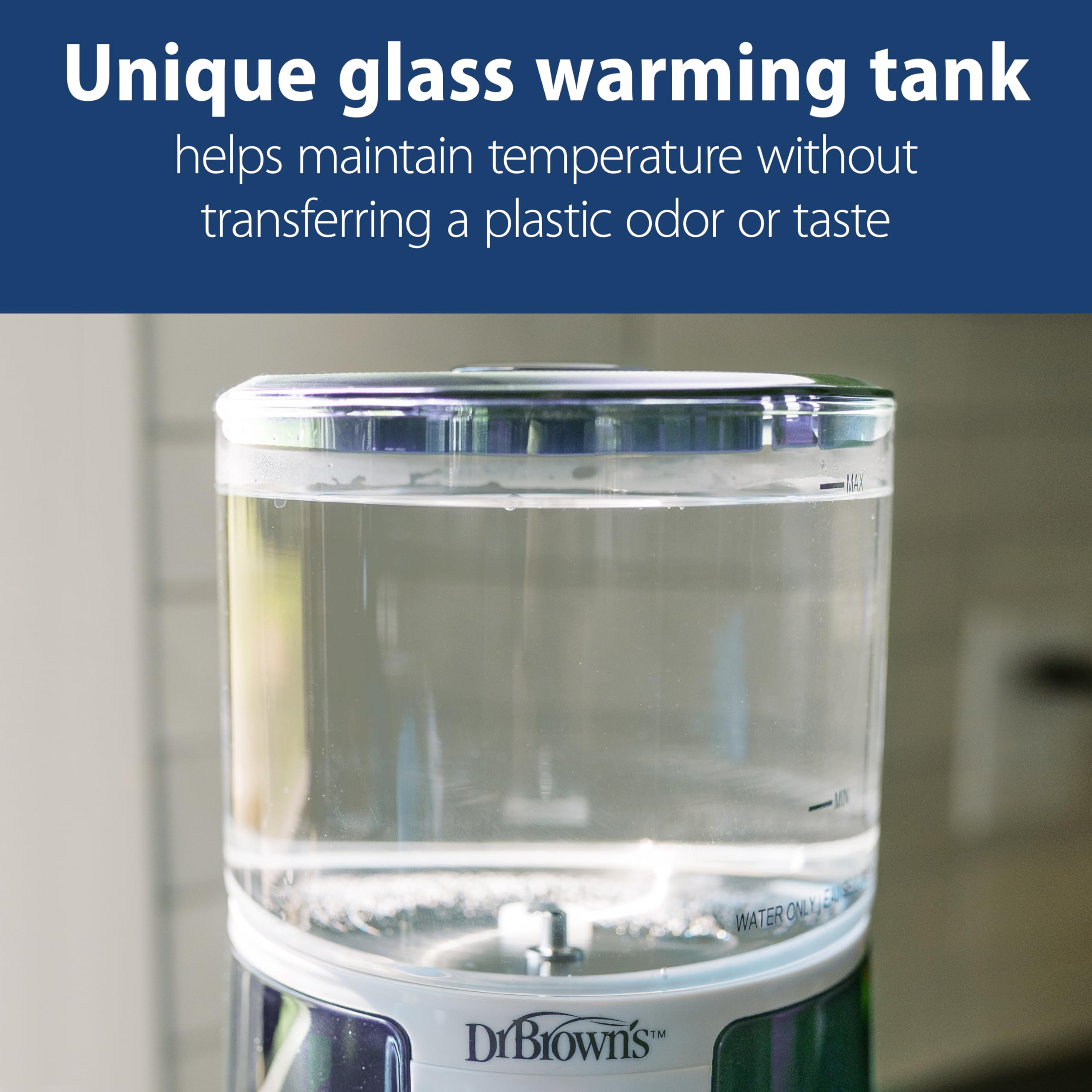Dr. Brown’s Insta-Prep Warm Water Dispenser for Baby Formula - Large Glass Tank with 3 Temperature Settings (Blue) - Perfect for Quick Night Feedings & On-the-Go Parenting