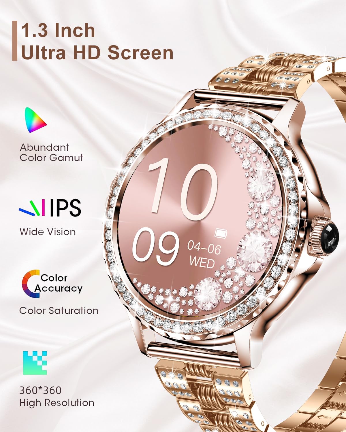 Elegant Smart Watches for Women with Diamonds - 1.3” HD Touchscreen, Bluetooth Call Function, IP68 Waterproof Fitness Tracker Compatible with Android & iOS - Perfect for Workouts, Swimming & Everyday Fashion