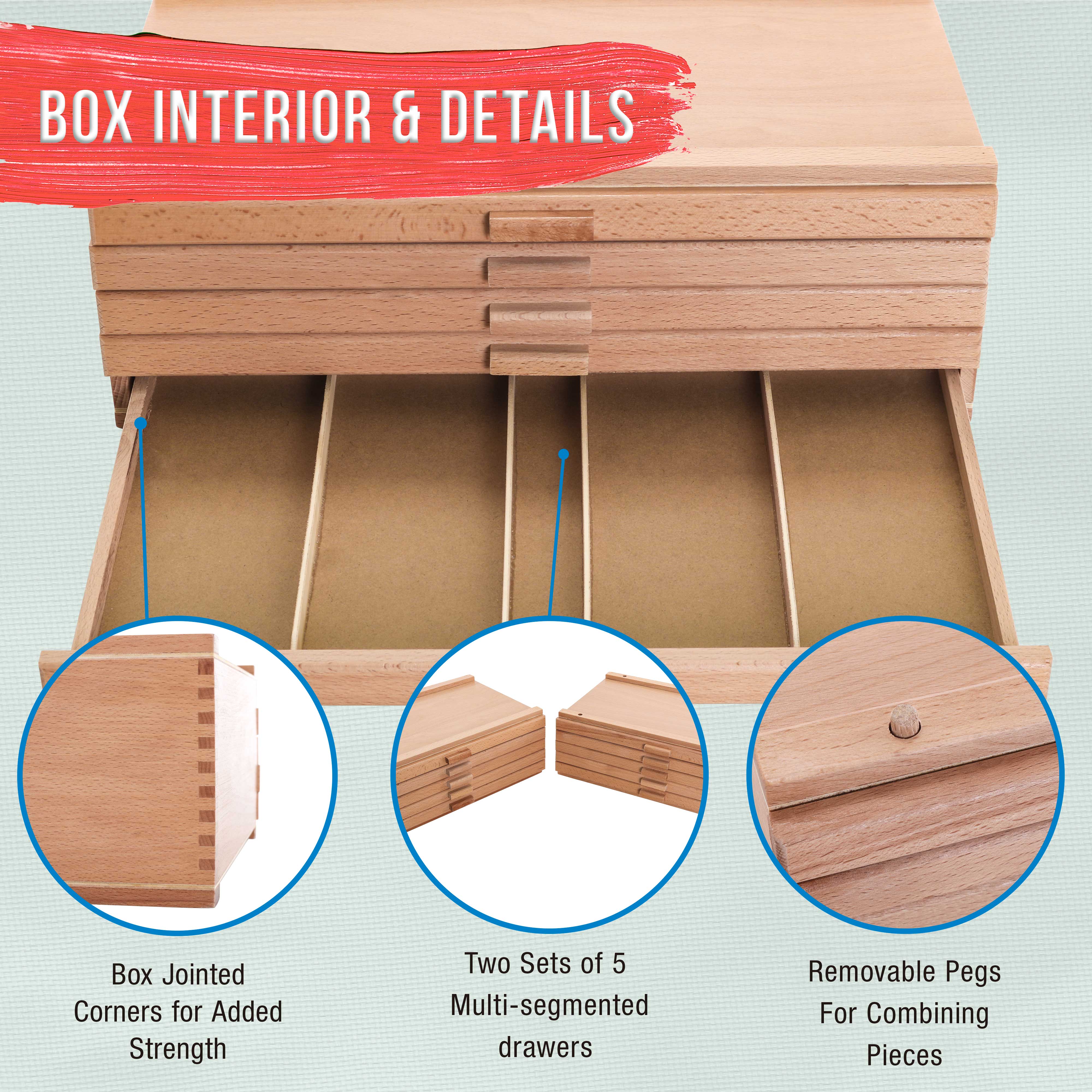 10-Drawer Stackable Wooden Art Supply Organizer - Elm Hardwood Storage Box for Pastels, Pens, Markers & Pencils - 5 Compartments per Drawer - Perfect for Artists, Students & Craft Rooms