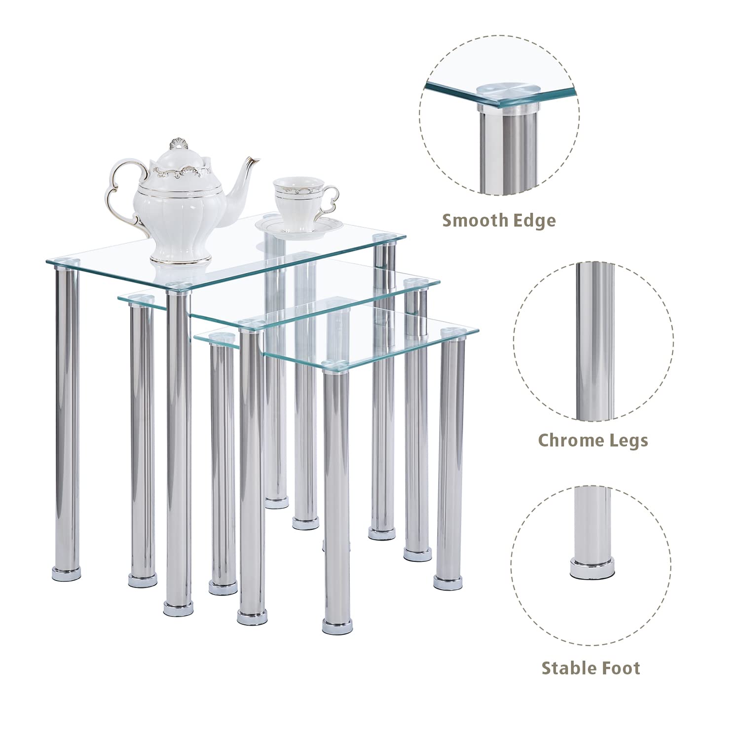 3-Piece Nesting Coffee Table Set - Modern Transparent Side Tables with Silver Metal Legs for Living Room, Sofa & Bedroom Decor - Space-Saving End Tables for Small Spaces
