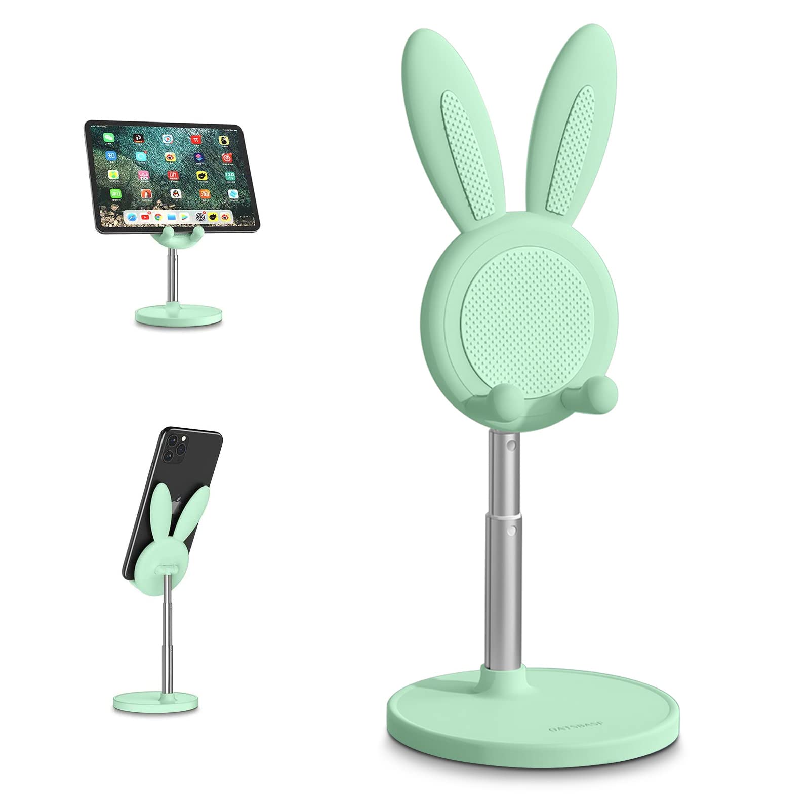Adjustable Rabbit Phone Stand Holder for Desk - Height & Angle Adjustable Cell Phone & Tablet Stand (4-10in) | Cute Green Bunny Design | Compatible with iPhone, Samsung, iPad | Perfect for Office, Home, Bedside & Video Calls