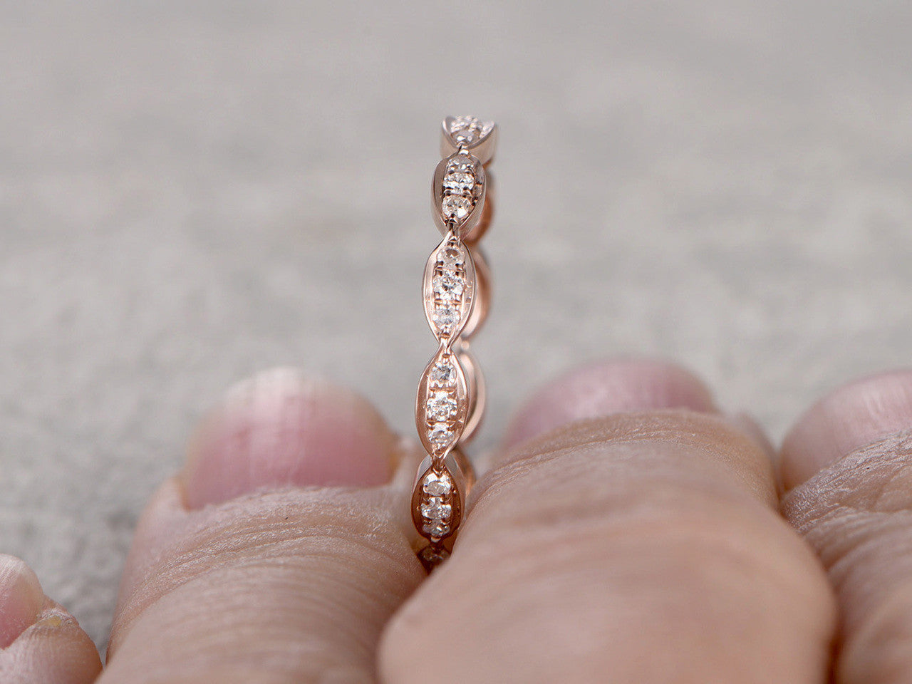 14K Rose Gold Art Deco Marquise Three Stone Wedding Ring Set - Round Diamond Engagement Ring & Matching Stacking Band for Women, Perfect for Bridal, Anniversary, and Special Occasions