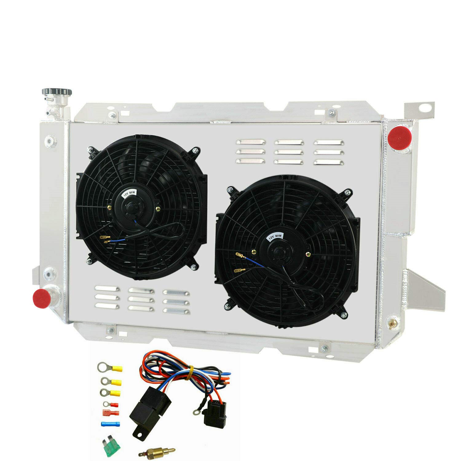 AlloyWorks 4-Row Aluminum Radiator with Fan Shroud & Relay Kit for 1985-1997 Ford F150 F250 F350 Bronco Pickup Trucks - Heavy Duty Cooling Upgrade for Off-Roading, Towing & Hot Weather Driving