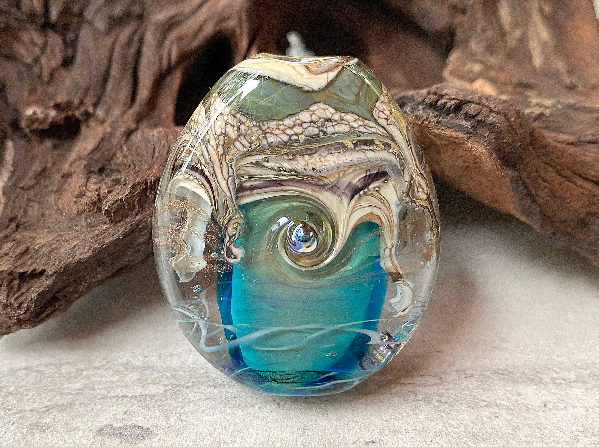 Handmade Aqua Blue Ivory Organic Lampwork Glass Focal Bead for Jewelry Making - Perfect for Necklaces, Bracelets, and DIY Craft Projects