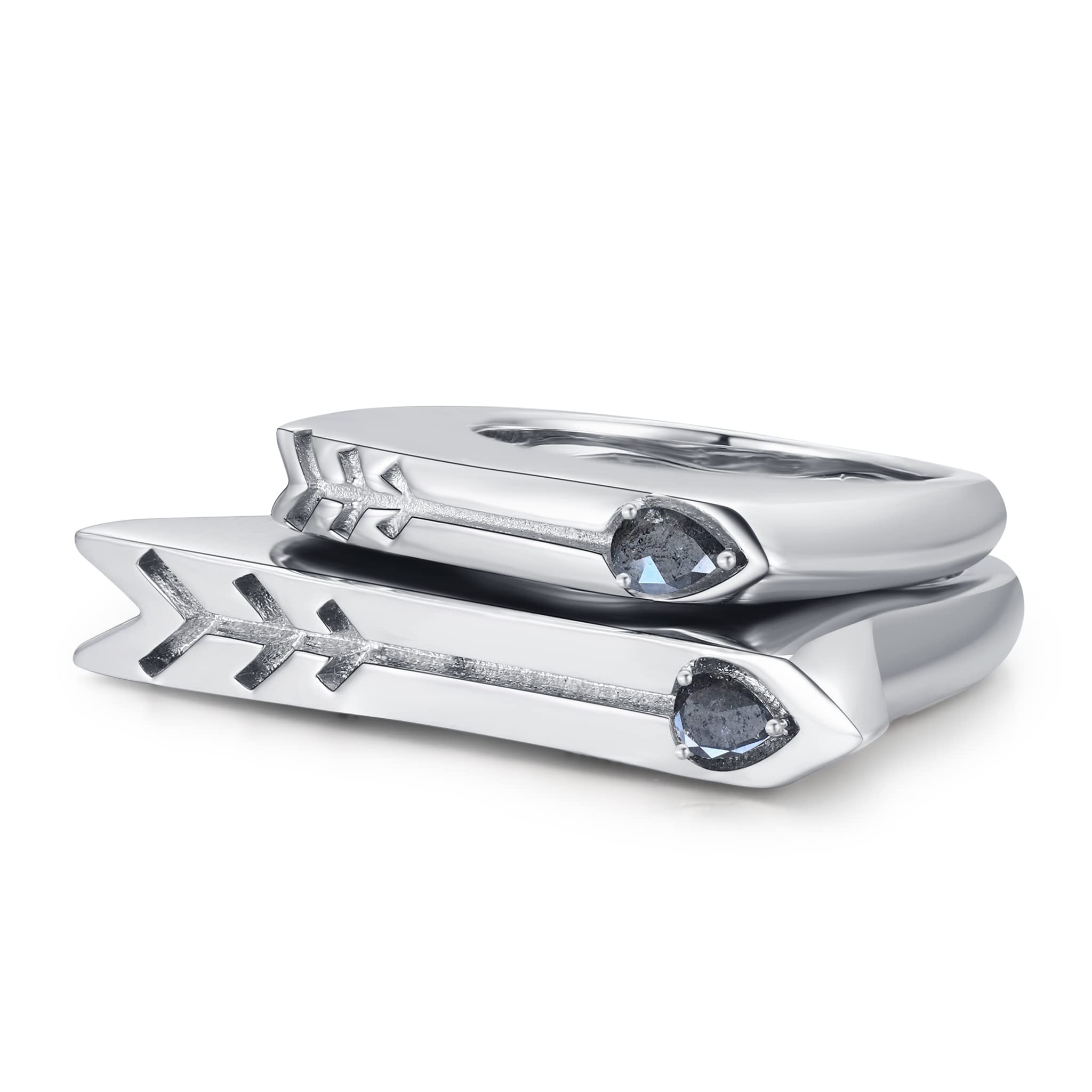 His and Hers Promise Rings - Matching Heart & Arrow Couple Ring Set in Sterling Silver with Engraved Love Signet & Salt Pepper Diamonds - Perfect for Anniversaries, Engagements, and Romantic Gifts
