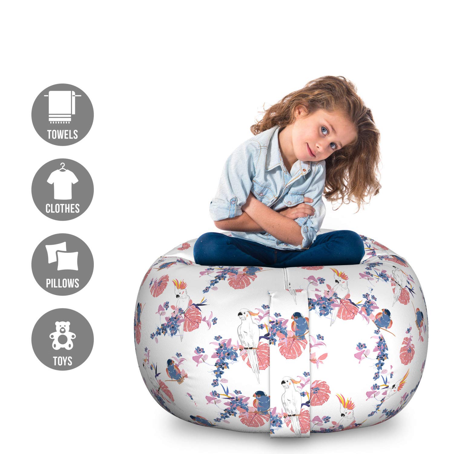 Ambesonne Large Washable Toy Storage Bag Chair - Floral Tropical Monstera Leaves & Exotic Animal Design - Stuffed Animal Organizer for Kids Bedroom, Playroom & Nursery - Multicolor