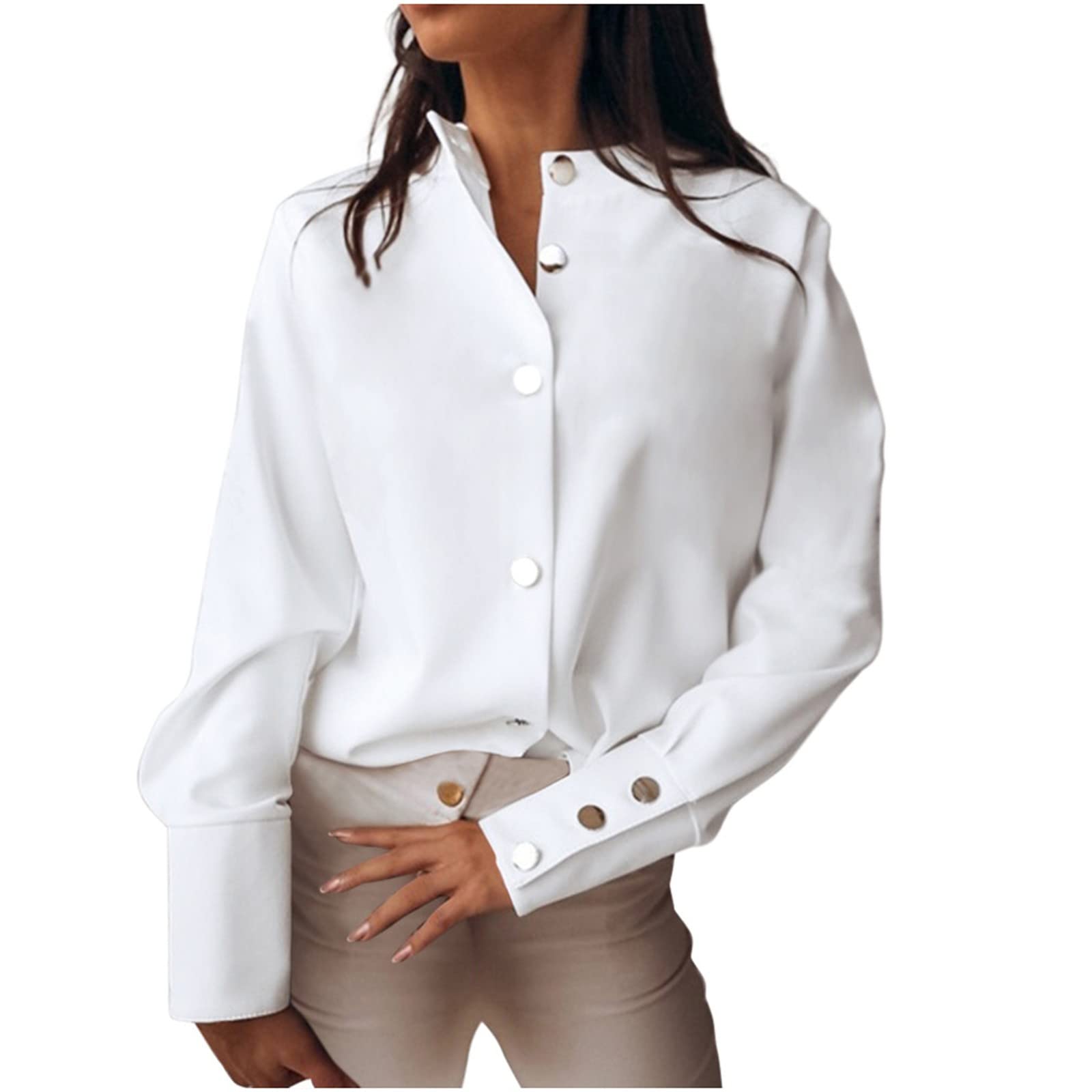 Pxloco Women's Black Button Down Shirt - Loose Fit Band Collar Long Sleeve Blouse for Work & Casual Wear | Solid Color Slim Tops for Office, Dating & Everyday Fashion