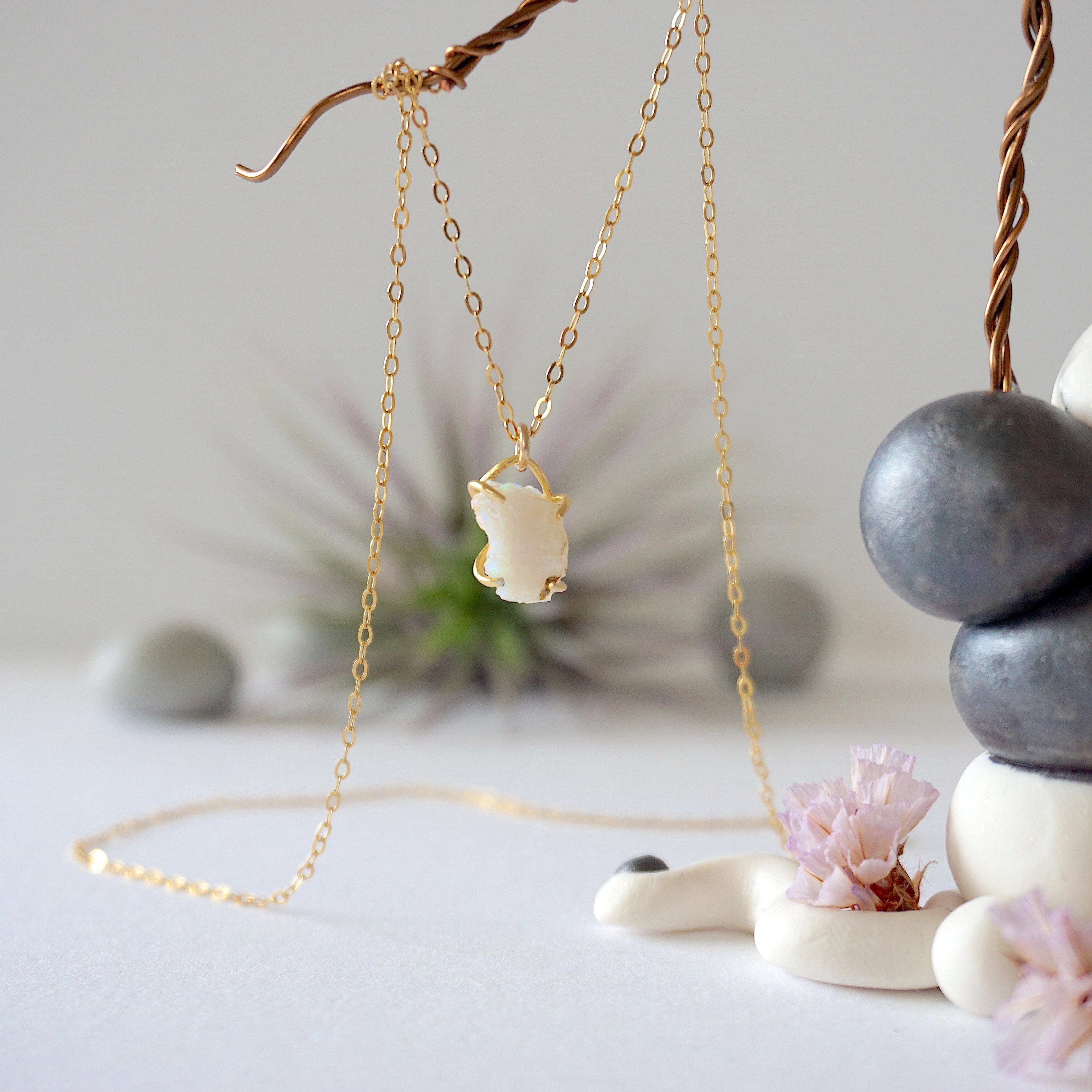 14K Gold Filled Raw Opal Huggie Charm Necklace - Elegant Dainty Jewelry for Women, Perfect for Everyday Wear, Gift Giving & Special Occasions