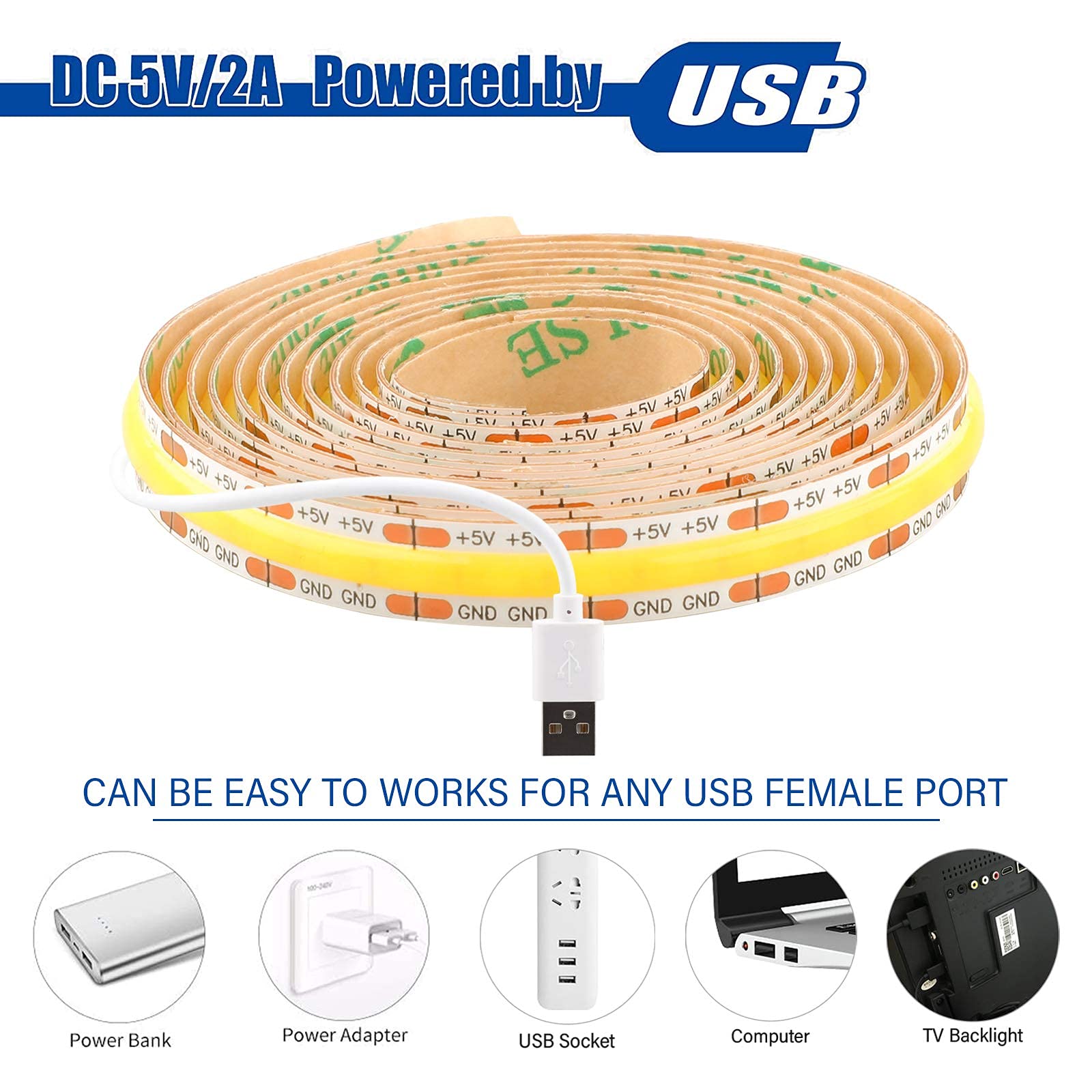 Warm White USB LED Strip Lights 5V 5ft - 3000K COB Tape for TV Backlight, Bedroom