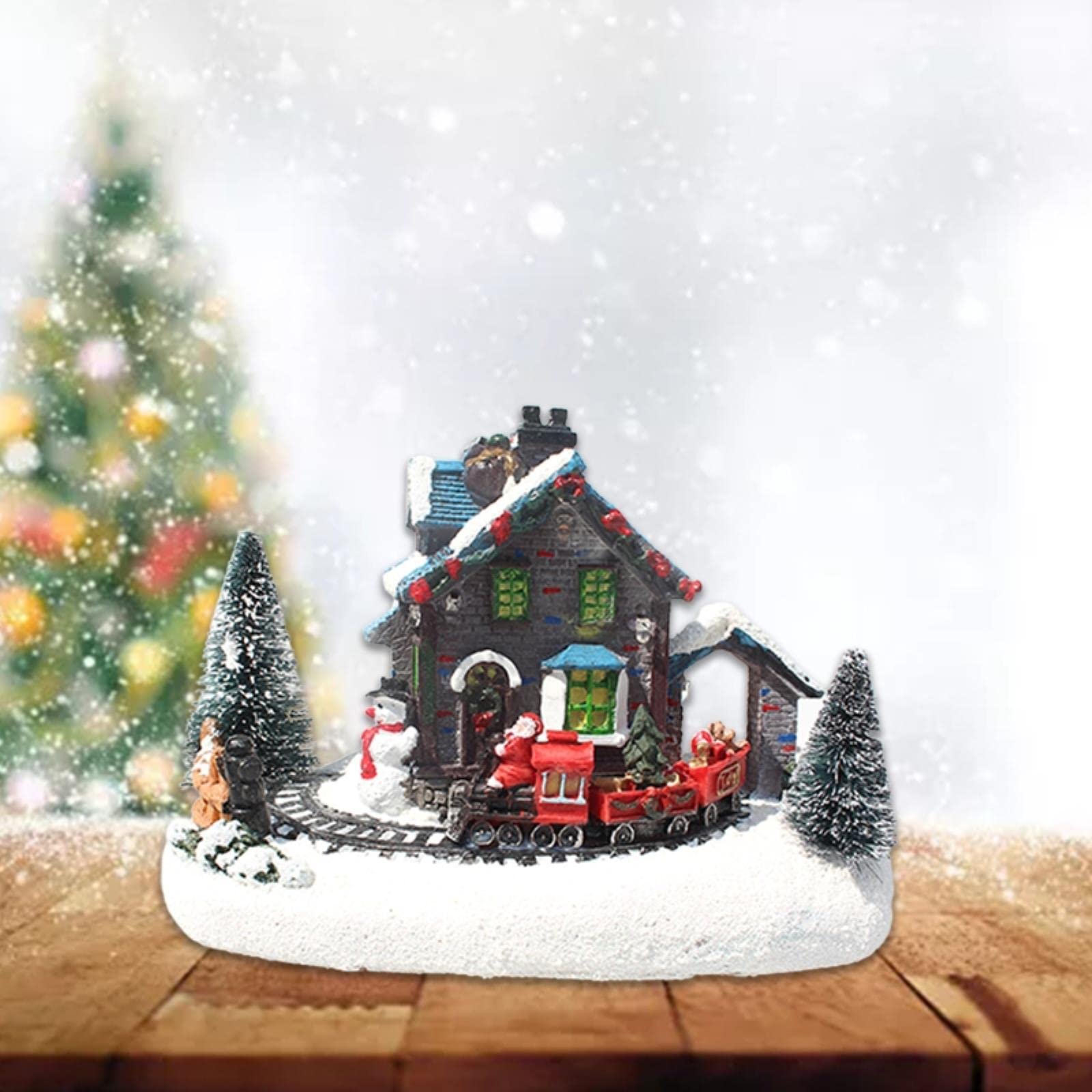 Lucky Angel Christmas Village Figurines with LED Lights - Small Train Set, Glowing Resin House Decor for Desktop - Perfect for Holiday Displays, Winter Village Scenes & Christmas Tree Decorations