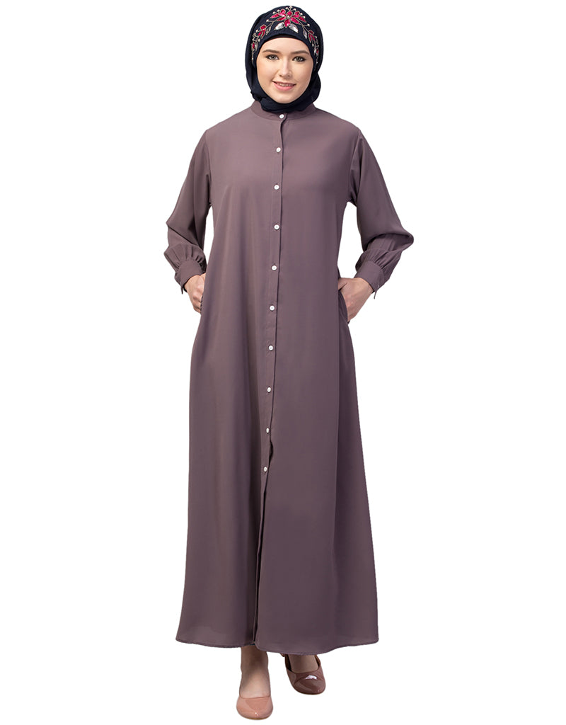 Elegant Arabic Abaya Dress with Front Open Design & Cuffs - Stylish Plum Color for Women | Perfect for Prayer, Mosque & Modest Fashion Occasions