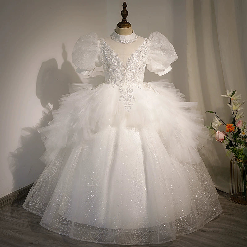 Elegant White Princess Mock Neck Floor-Length Tulle Flower Girl Dress for Weddings & Special Occasions