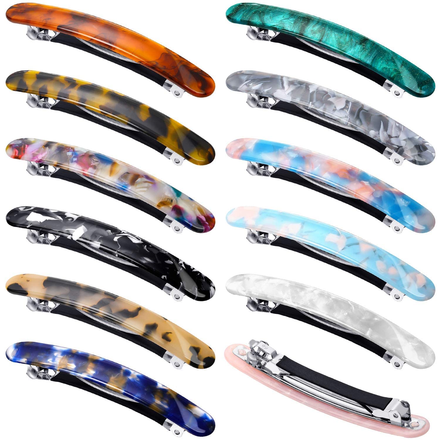 3-Piece Tortoise Shell Hair Barrettes for Women - Acetate French Skinny Hair Clips, Automatic Ponytail Holders - Perfect for Office, Wedding & Everyday Hair Accessories