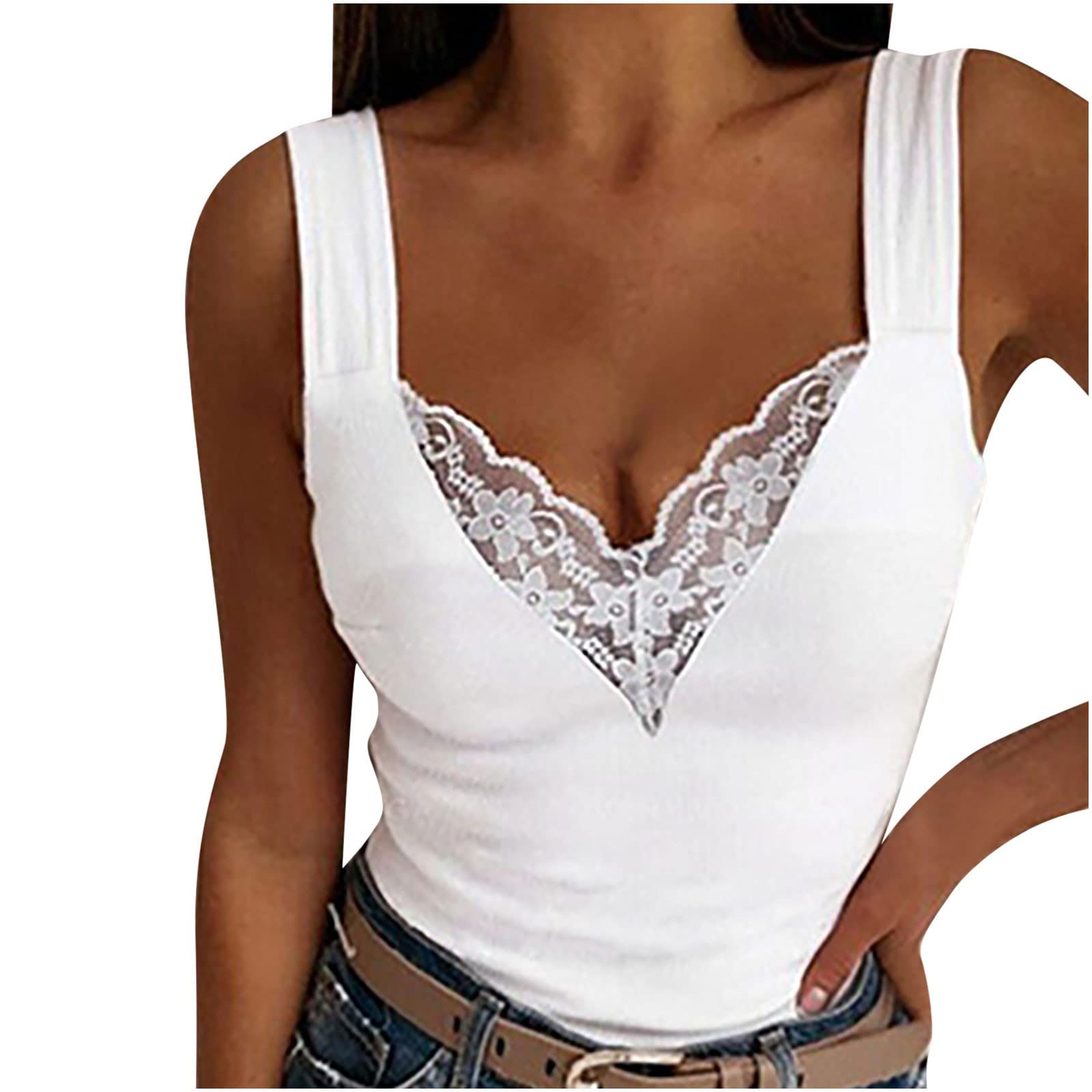 Trendy Women's Summer Tank Tops with Built-in Bra 2022 - Sexy Lace V-Neck Sleeveless Cropped Camisole Tops for Casual Wear, Beach & Vacation Outfits