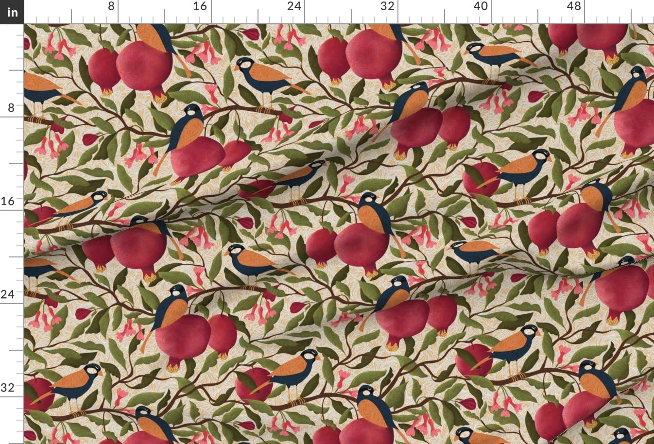 Autumn Pomegranates with Chickadees Printed Satin Fabric - Premium Spoonflower Fat Quarter for Sewing, Apparel, Fashion, Blankets & Home Decor - Perfect for DIY Projects, Quilting, and Seasonal Home Decorations