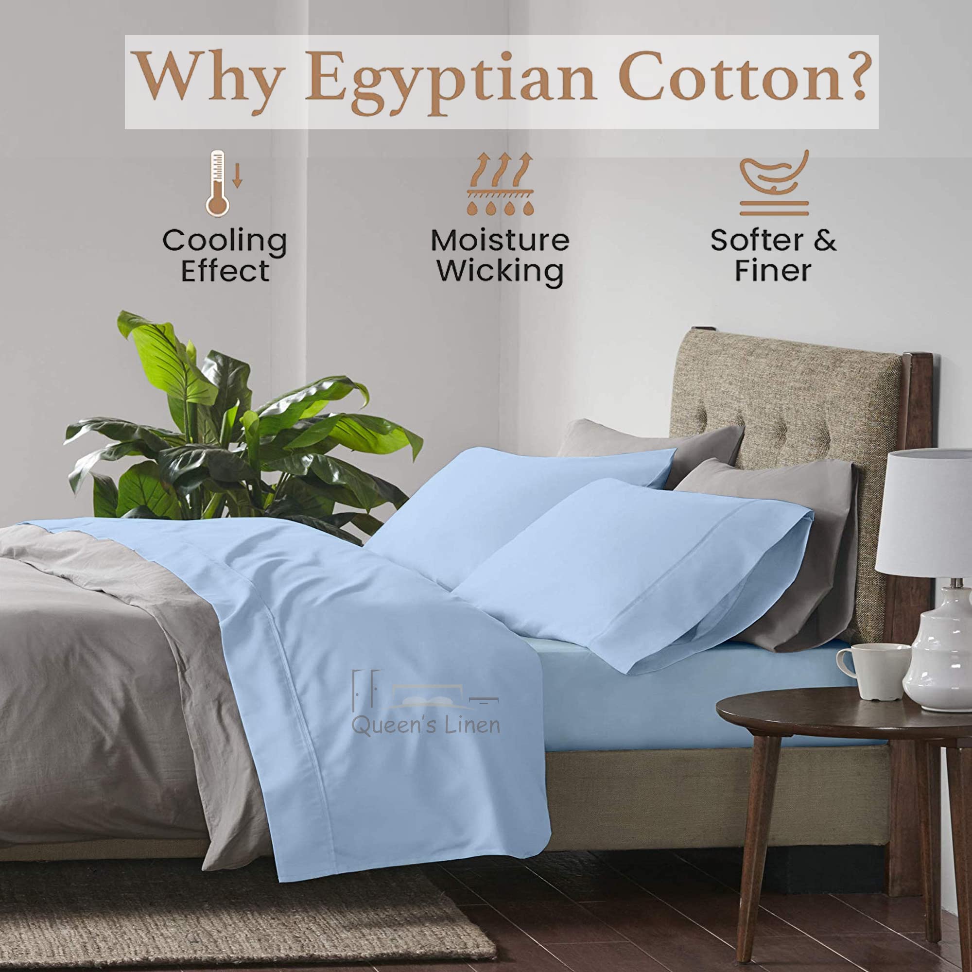 Luxury 400 Thread Count Queen Size Cotton Bed Sheet Set - 16 Inch Deep Pocket Fitted Sheet - Hotel Quality Linen Sheets (Sky Blue) for Comfortable Sleep & Bedroom Decor