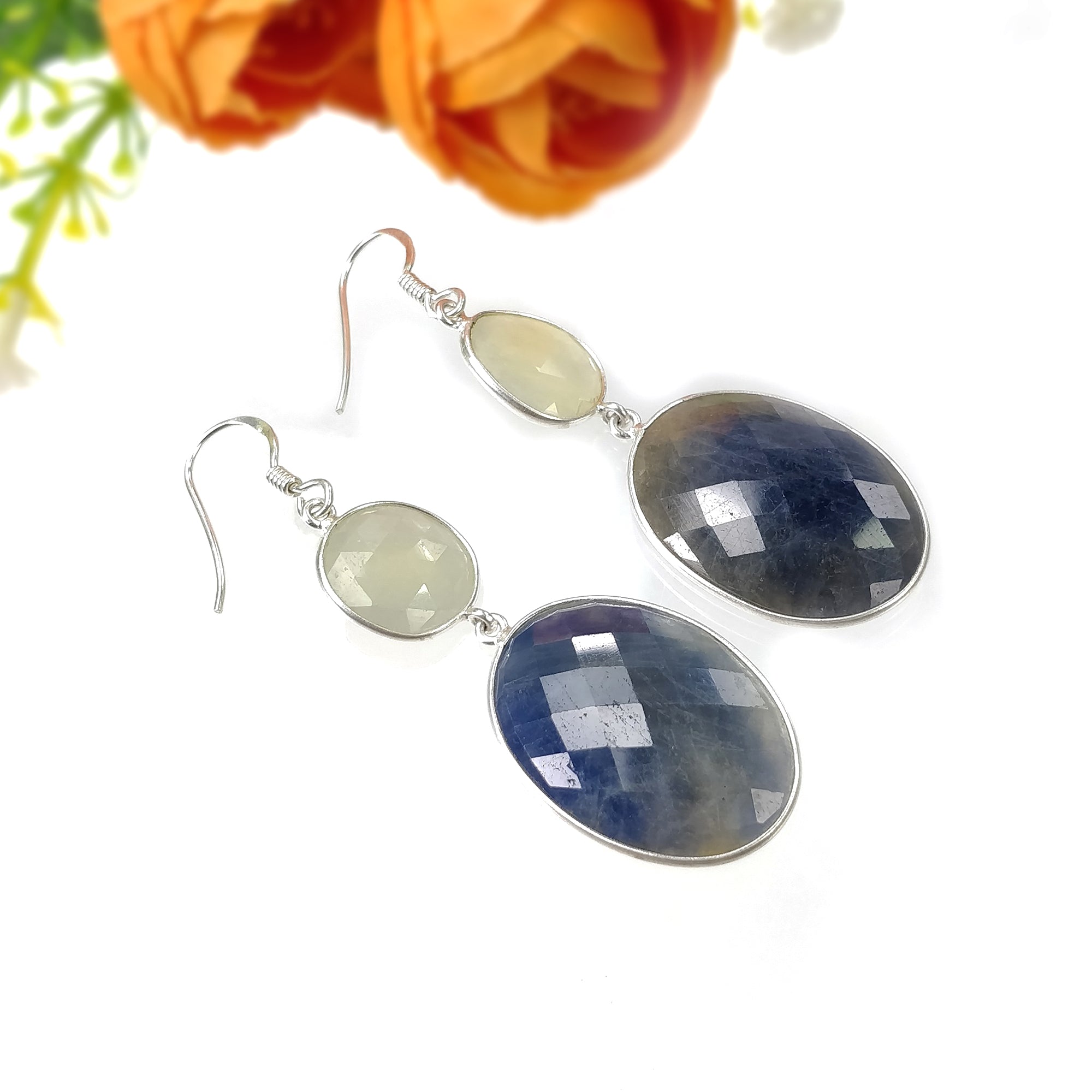 Natural Blue Yellow Sapphire Gemstone Earrings - 13.12gms Genuine Sapphire in 925 Sterling Silver Drop Dangle Bezel Set Jewelry (2.40ct) - Perfect for Weddings, Parties & Special Occasions