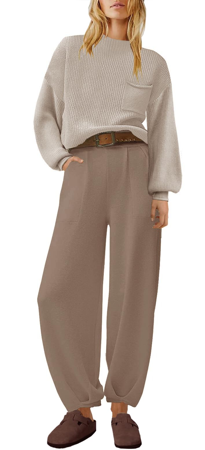 Trendy Women's 2-Piece Sweater Sets 2023 - Long Sleeve Knit Top & High Waisted Sweatpants Lounge Outfit | Cozy Home Wear, Casual Street Style, Winter Comfort Outfits