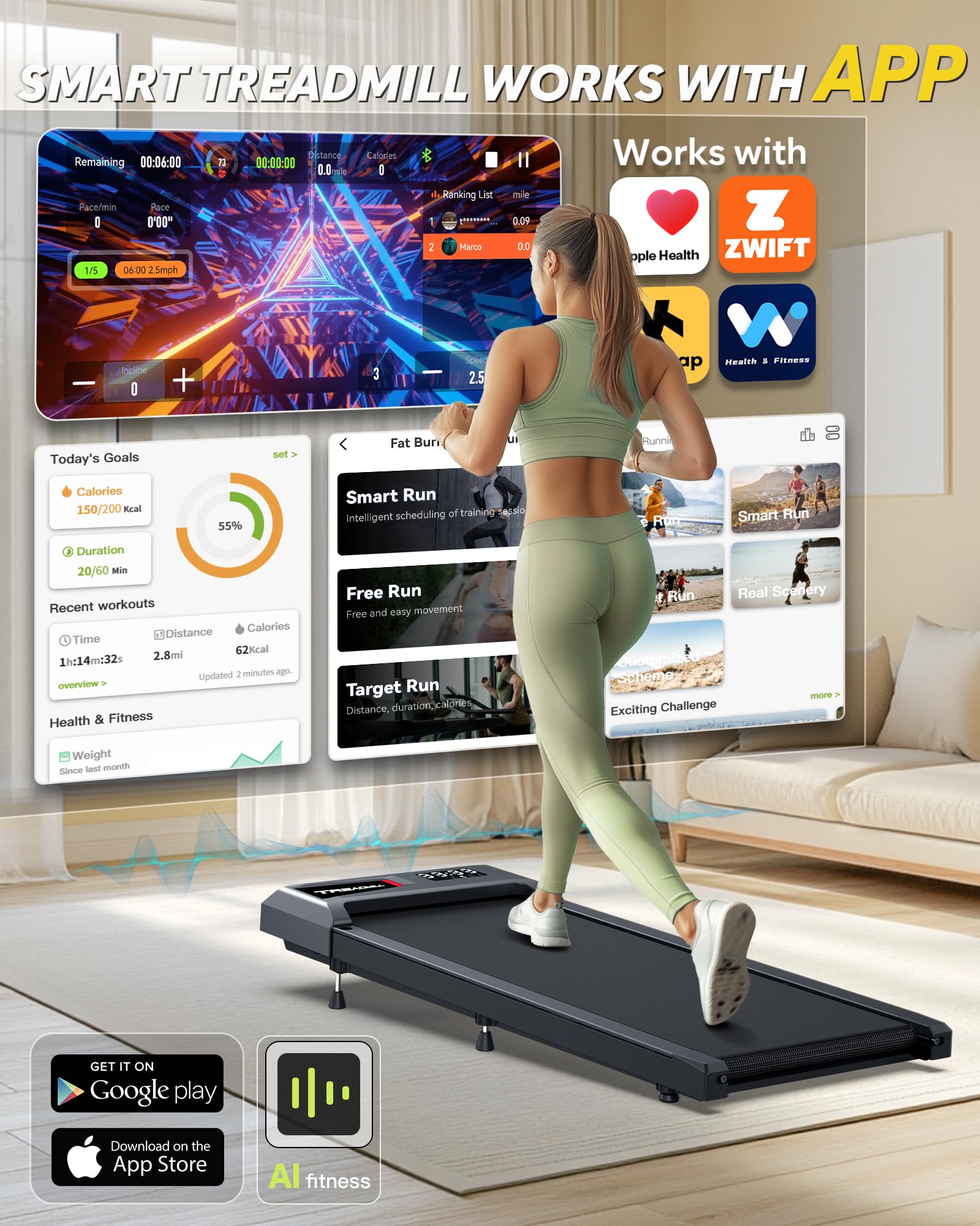 Under Desk Treadmill with Incline - 300lb Capacity Walking Pad, 2.5HP Compact Running Machine for Home & Office, Compatible with KINOMAP WELLFIT - Perfect for Small Spaces, Apartment Workouts & Low-Impact Cardio