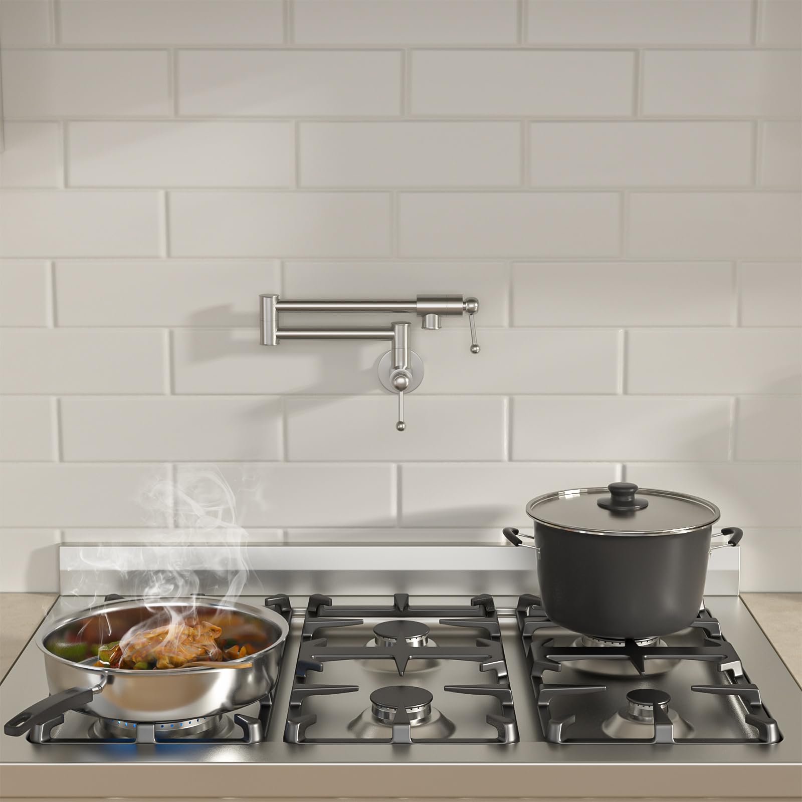 Lordear Solid Brass Wall Mount Kitchen Pot Filler Faucet - Brushed Nickel Finish, Foldable & Extendable Design with Dual Handles for Easy Water Filling | Perfect for Soup Pots, Pasta Cookers & Large Cooking Vessels