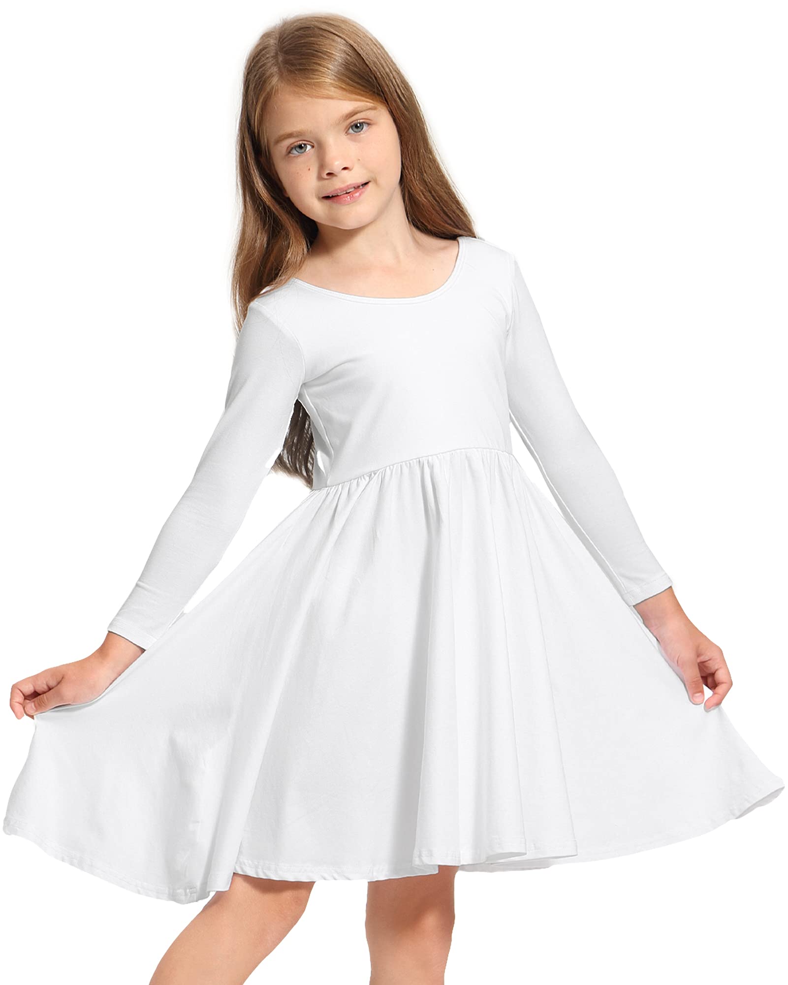 Stelle Long Sleeve Girls Cotton A-Line Dress - White Skater Twirl Toddler Dress for School, Casual & Easter | Perfect for Playdates, Parties & Special Occasions