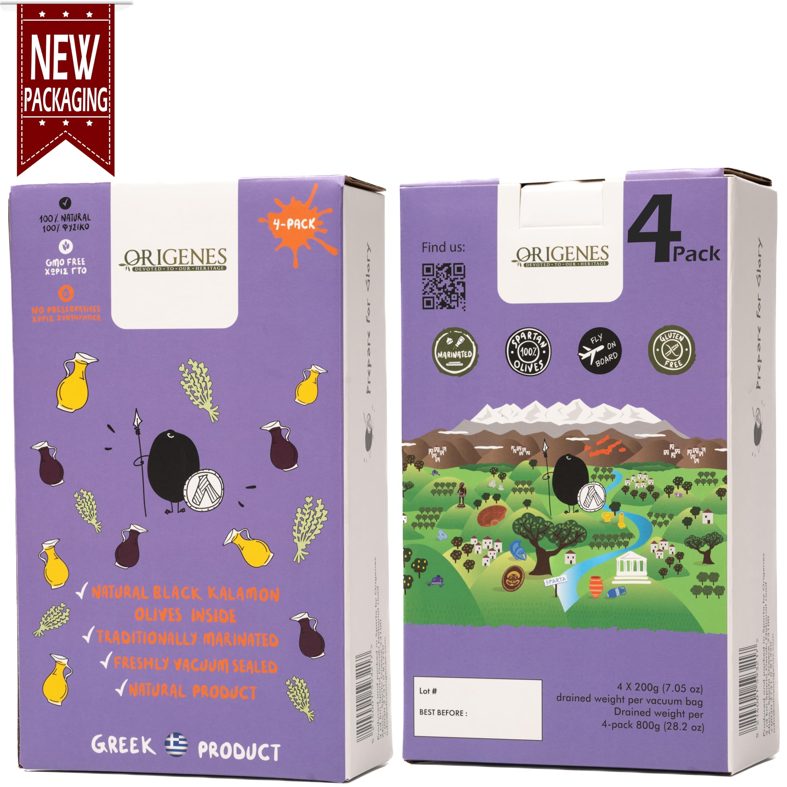 Pack of 4 Kalamata Olives in Vacuum Seal - Greek Oregano & Red Wine Vinegar Marinated Olives with Extra Virgin Olive Oil (4x200g) - Perfect for Salads, Charcuterie Boards & Mediterranean Recipes