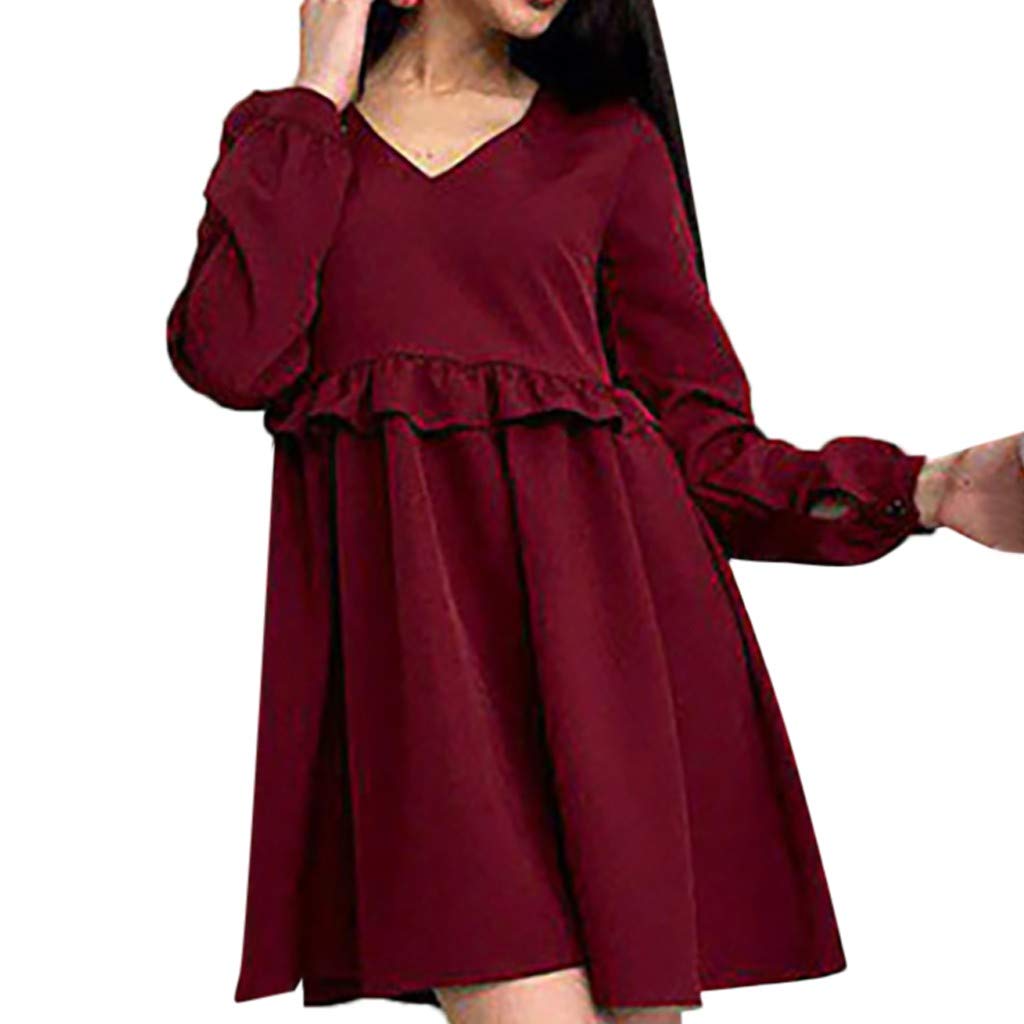 FORUU Women's Long Sleeve V-Neck Retro Solid Color Casual Mini Shirt Dress - Elegant Ballet Style for Daily Wear, Office, Date Night & Special Occasions