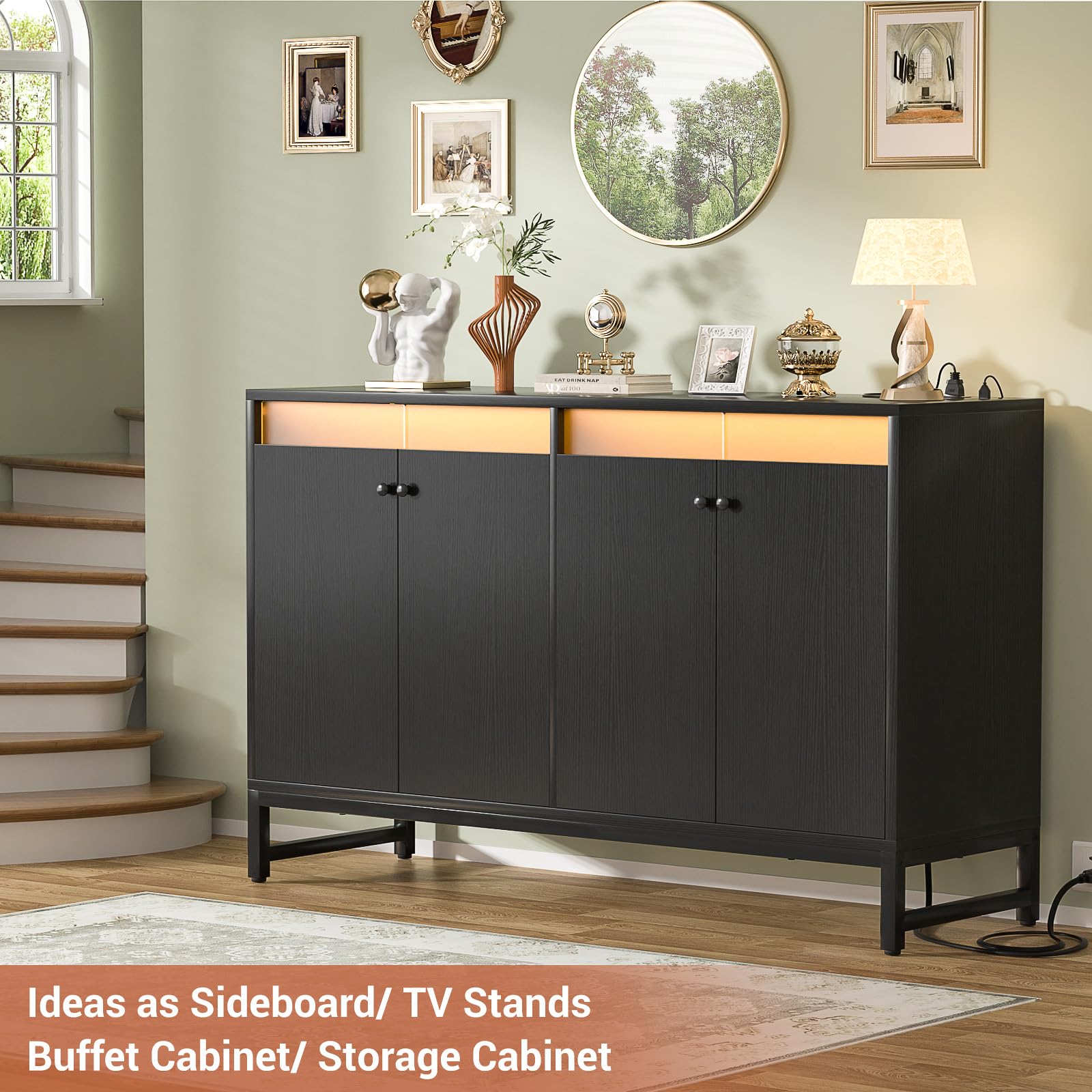 Aheaplus Modern Sideboard Buffet Cabinet with Built-in Power Outlet & LED Lighting - Kitchen Storage Cabinet with Doors - Accent Cupboard Buffet Table for Dining Room, Living Room, Hallway - Perfect for Entertaining Guests & Organizing Dishes (Black)