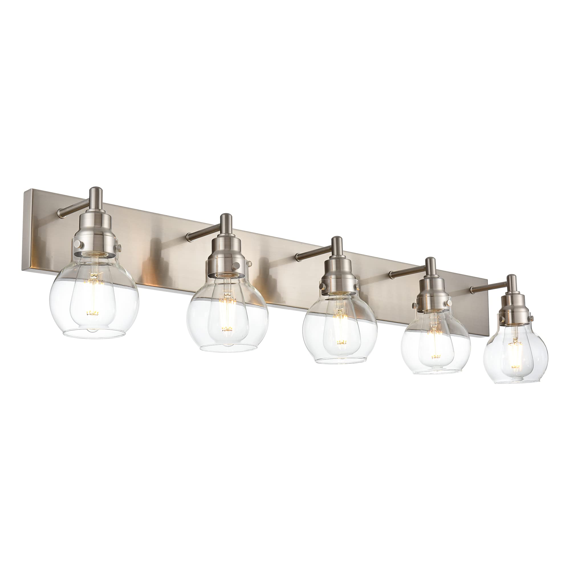 Brushed Nickel 5-Light Bathroom Vanity Lighting with Clear Globe Glass, E26 Base - Perfect for Mirror, Bath, Hallway & Indoor Wall Decor