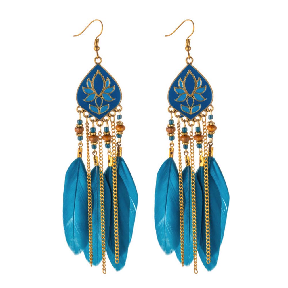 Bohemian Women's Long Dangle Earrings - Rhombus Beaded Feather Tassel Drop Earrings for Party, Festival & Casual Wear (Black) | Perfect for Music Festivals, Beach Vacations & Boho Style Outfits