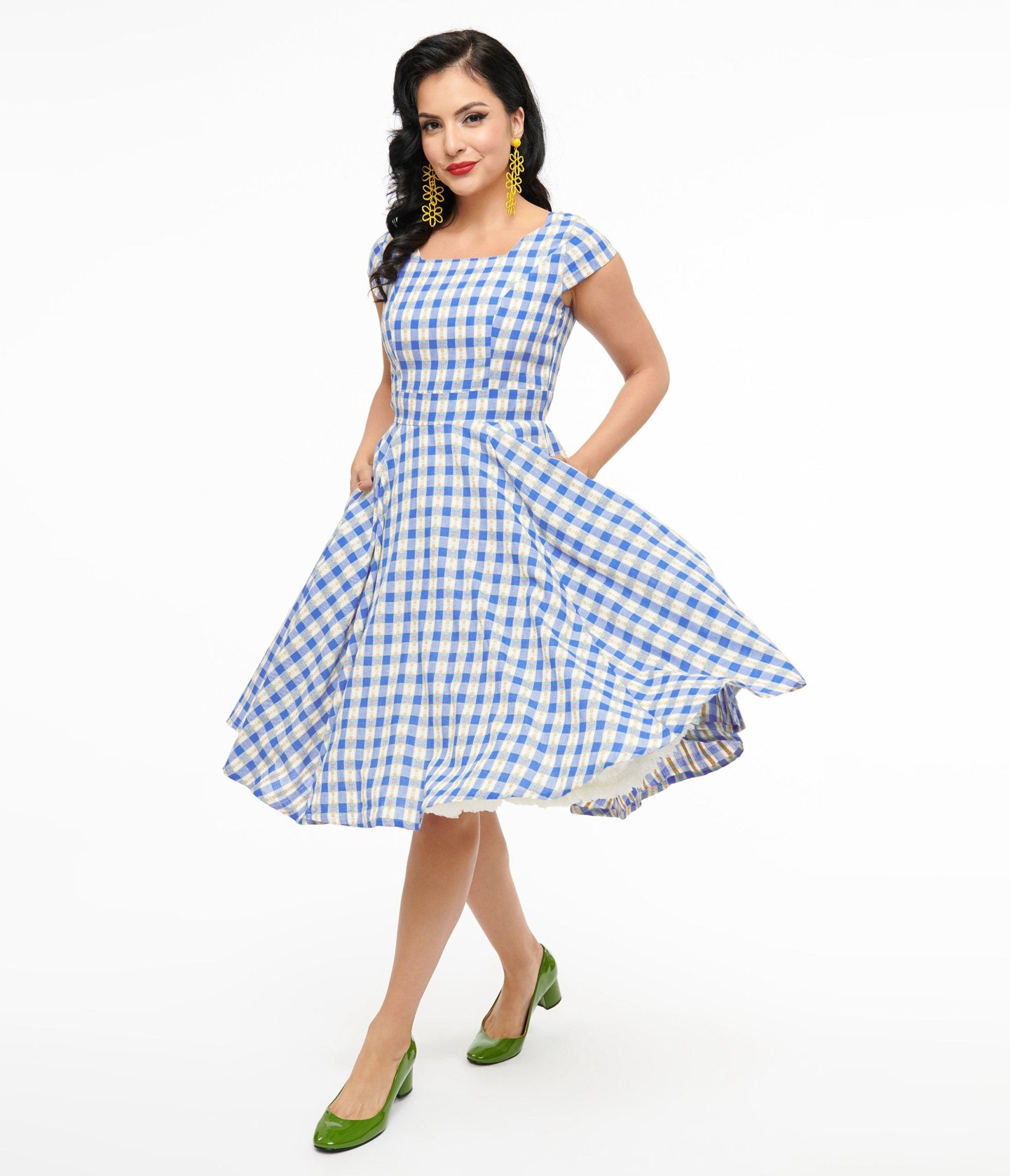Vintage 1950s Blue Floral Gingham Anna Swing Dress - Retro Rockabilly Tea Length Dress for Women | Perfect for Parties, Weddings & Pinup Photos