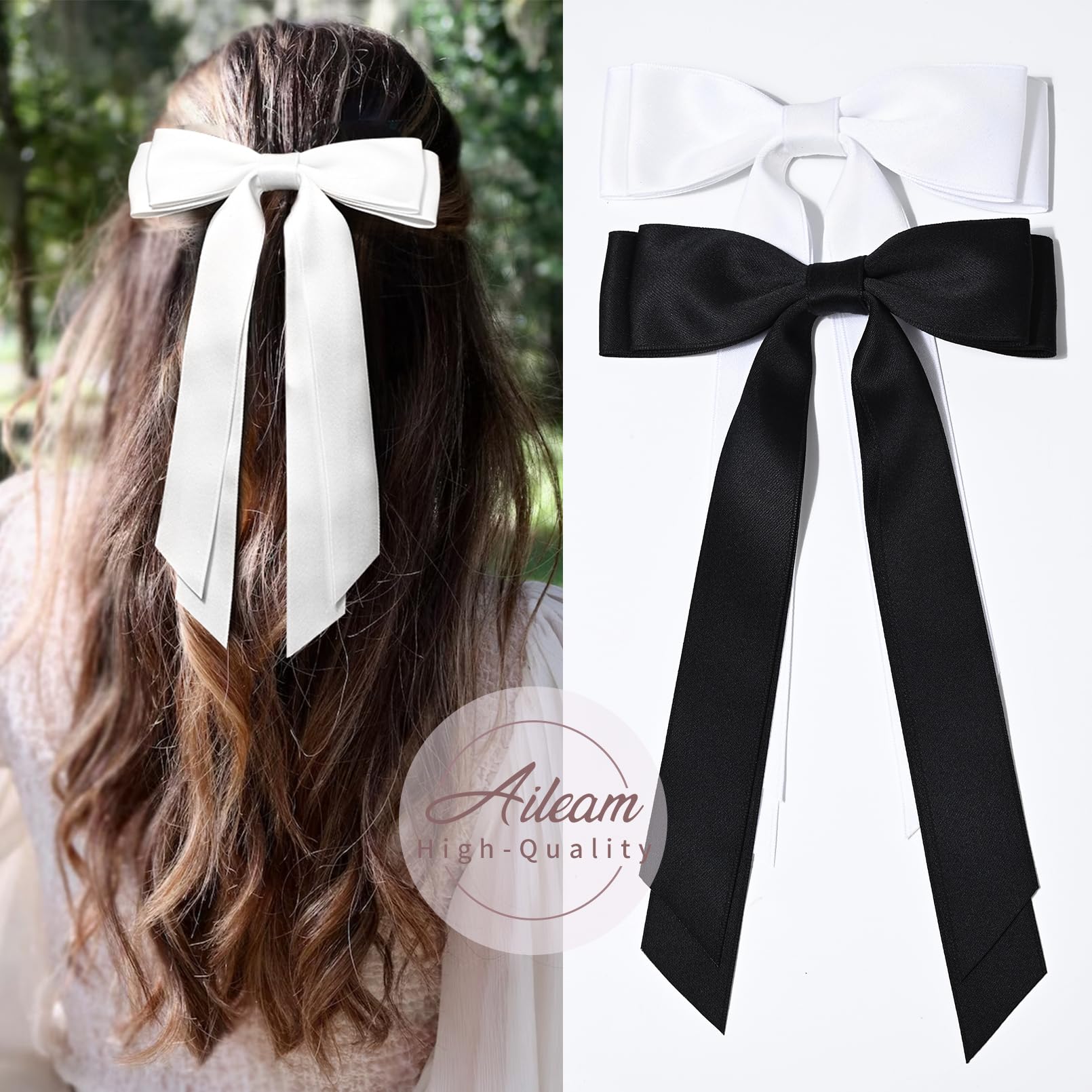 2PCS Silky Satin Hair Bows - Black & White Hair Clips with Metal Slides | Ponytail Holder Ribbon Accessories for Women, Girls, Toddlers & Teens | Perfect for School, Parties, Weddings & Everyday Wear