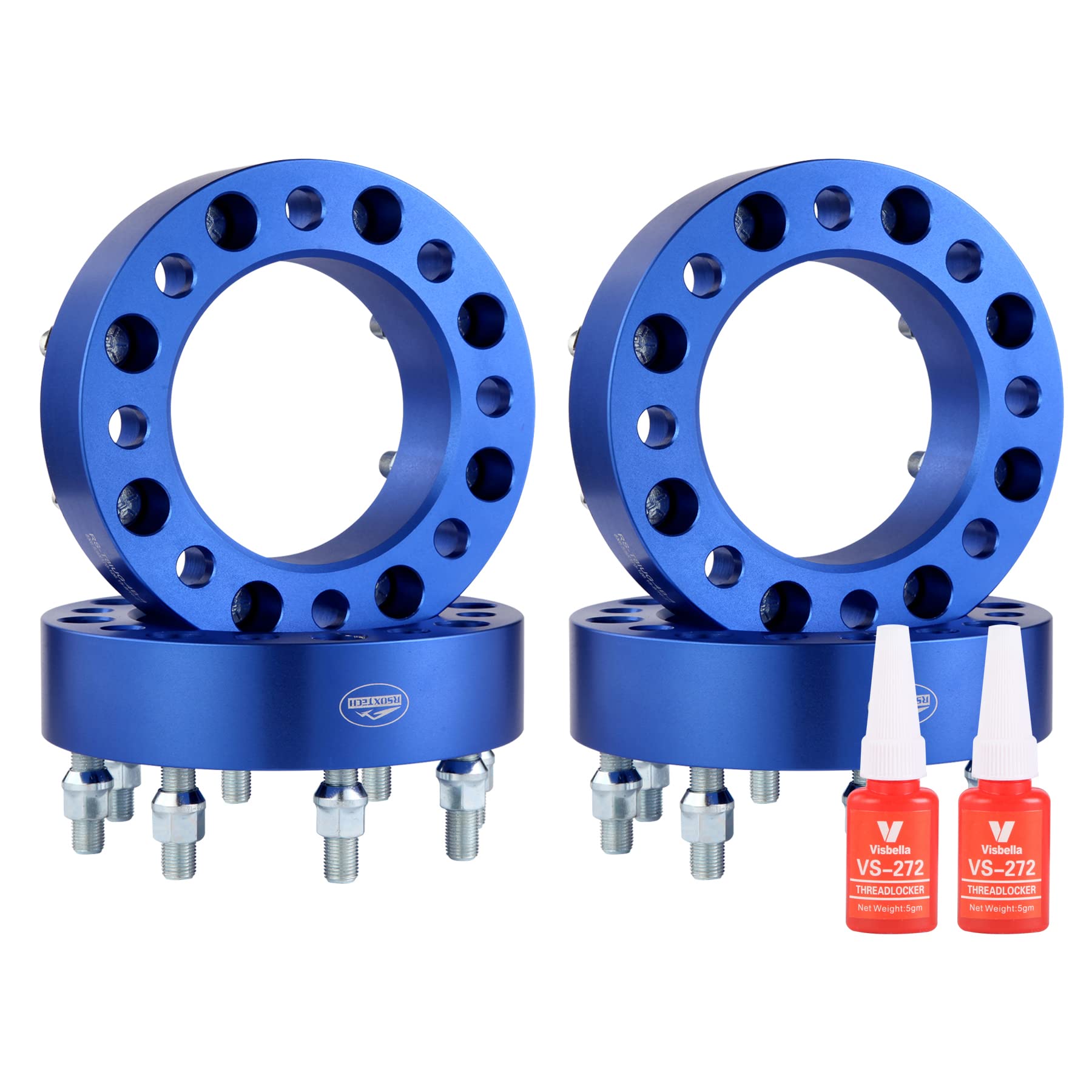 RSOXTECH 4-Piece 8x6.5 (165.1mm) Forged Wheel Spacers - 2 Inch (50mm) Thickness, 126.15mm Hub Bore, M14x1.5 Studs - Compatible with 2000-2010 Chevy Silverado 2500HD & 2001-2010 Suburban 2500 - Blue - Perfect for Off-Roading, Lifting & Custom Wheel Fitment