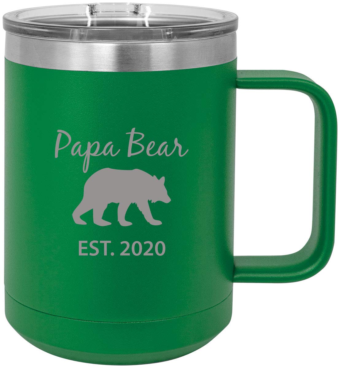Papa Bear Stainless Steel Vacuum Insulated 15oz Travel Coffee Mug with Slider Lid - Green - Leak Proof Hot & Cold Beverage Tumbler for Commuting, Camping, Office & Outdoor Activities (Est. 2020)