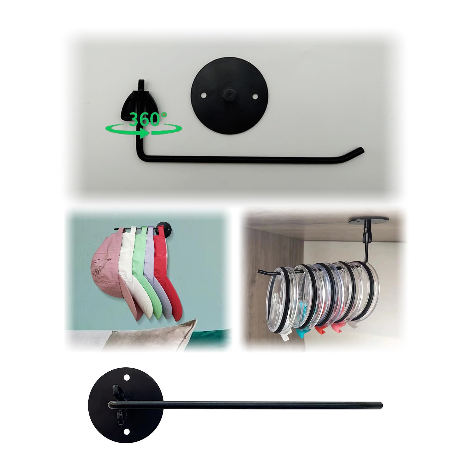 6.6-Inch Rotating Tumbler Lid Organizer - Multi-Functional Cup Lid Holder & Hat Rack - 360° Adjustable Glass Lid Hooks - Perfect for Kitchen Storage, Wall Mount Cap Display & Drinkware Organization (1-Pack)
