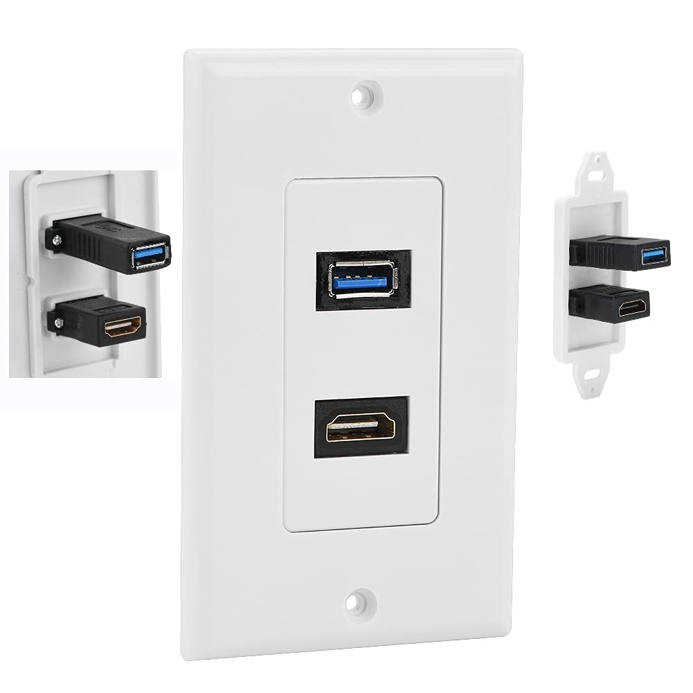 HDMI 1.4 & USB 3.0 Wall Plate Outlet Cover - White AV Jack Panel Mount Socket for Home Theater & Office Setup - High Speed Data Transfer & 4K Video Support
