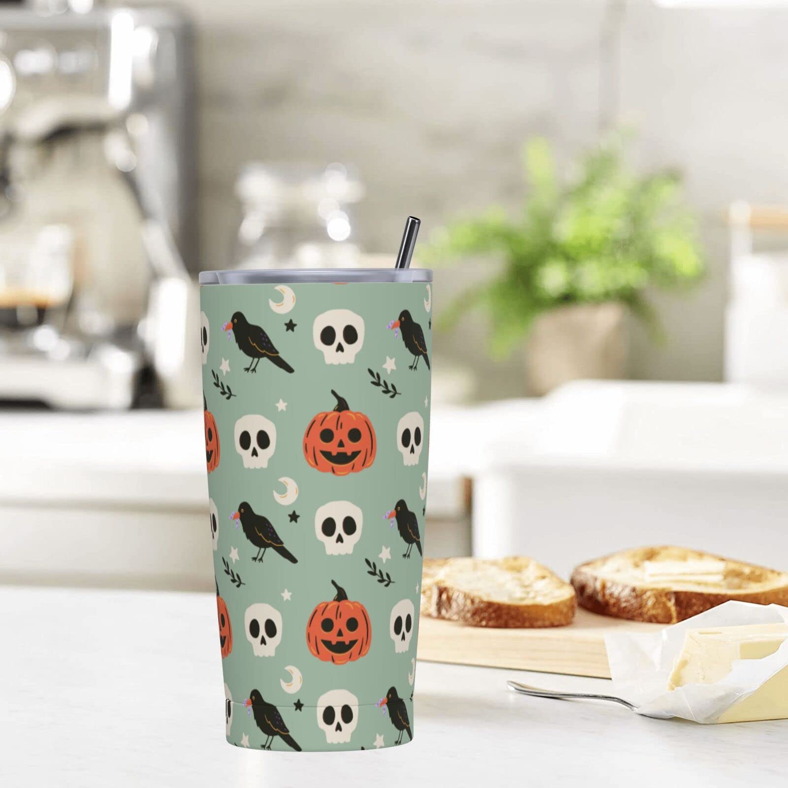 Halloween Raven Skull Pumpkin Tumbler - 20oz Insulated Travel Coffee Mug with Flip Lid | Perfect Gift for Dad, Mom, Friends Birthday | Great for Halloween Parties, Office Use & Outdoor Adventures