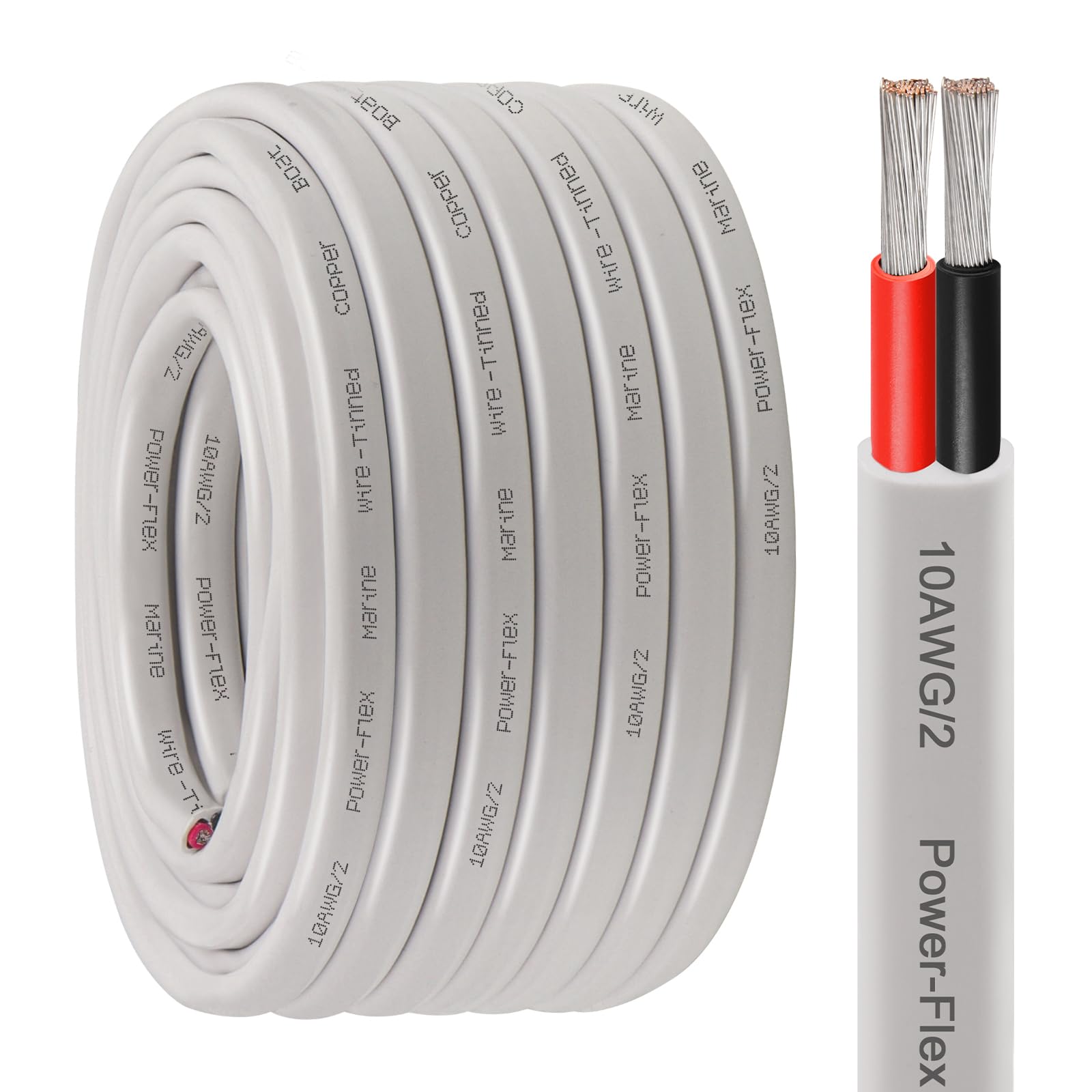 10 Gauge Duplex Marine Wire Tinned Copper Boat Cable - 50ft 10 AWG Oxygen Free Copper (OFC) for Automotive, Boat Speakers, Solar & Outdoor Use - Perfect for Marine Electrical Systems, RV Wiring, and Off-Grid Power Applications