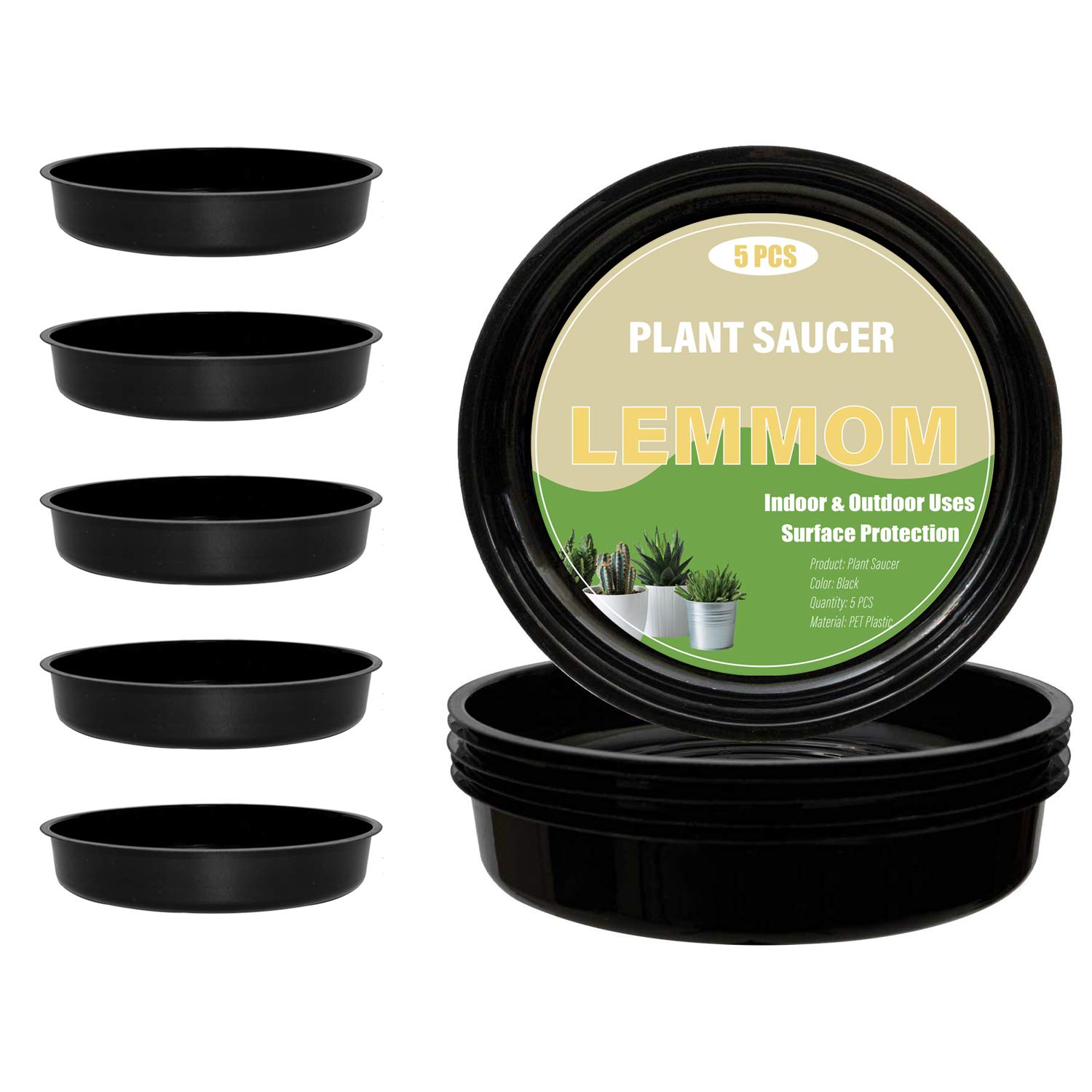 LEMMOM 5-Pack 4-Inch Black Plastic Plant Saucers - Drip Trays for Indoor & Outdoor Potted Plants (4'') - Perfect for Flower Pots, Herb Gardens, and Balcony Planters