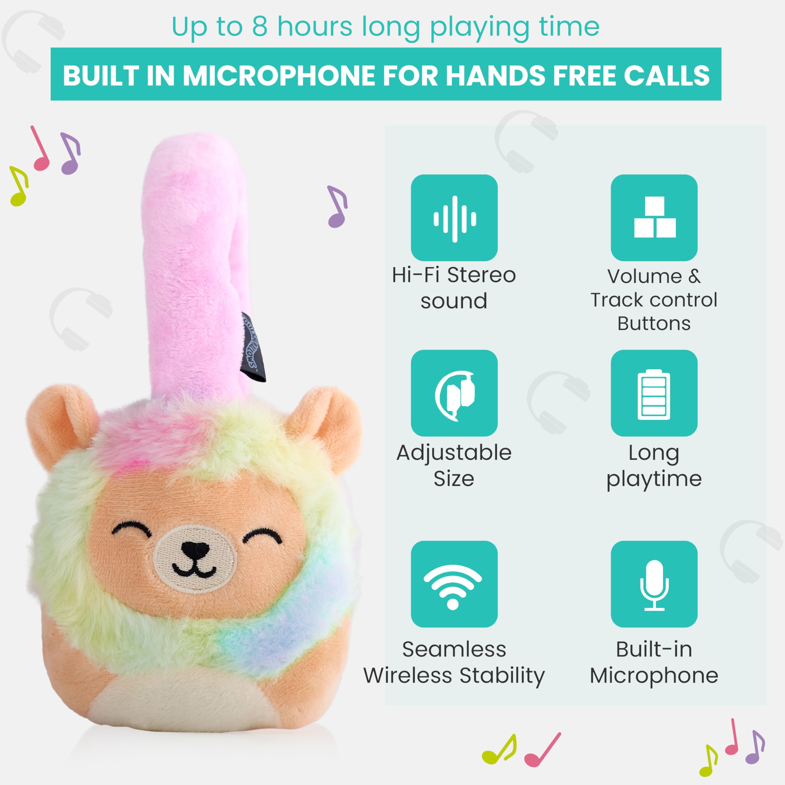Squishmallows Leonard The Lion Plush Bluetooth Headphones with Built-in Mic for Calls - 10m Wireless Range, Volume Control, Soft Ear Cushions & Adjustable Headband - Perfect for Kids, Travel & Home Use
