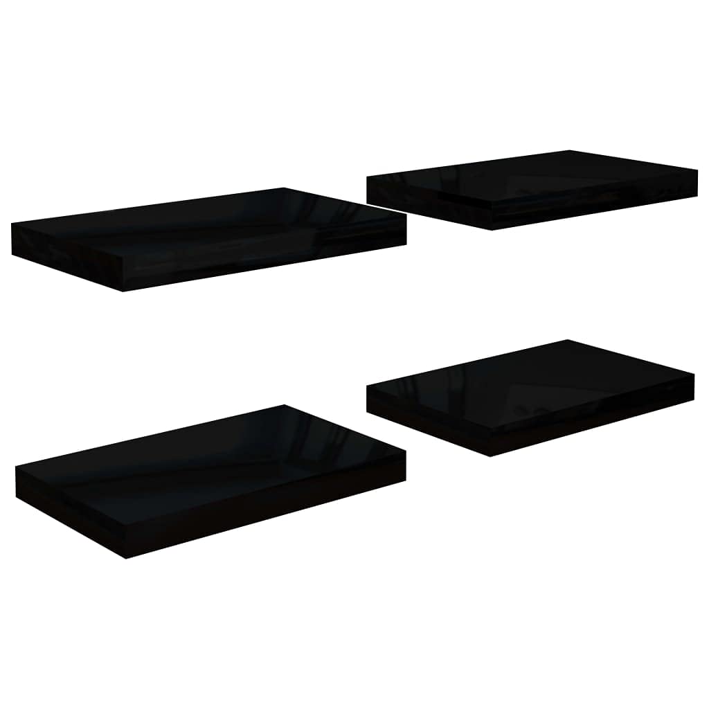 CHARMMA Floating Shelves Set of 4 - 15.7x9.1x1.5 Inch Wall Mounted Shelves for Home Decor, Rustic Wood Style MDF Shelves with High Gloss Black Finish - Perfect for Bedroom, Bathroom, Living Room, Kitchen & Laundry Room Storage & Display